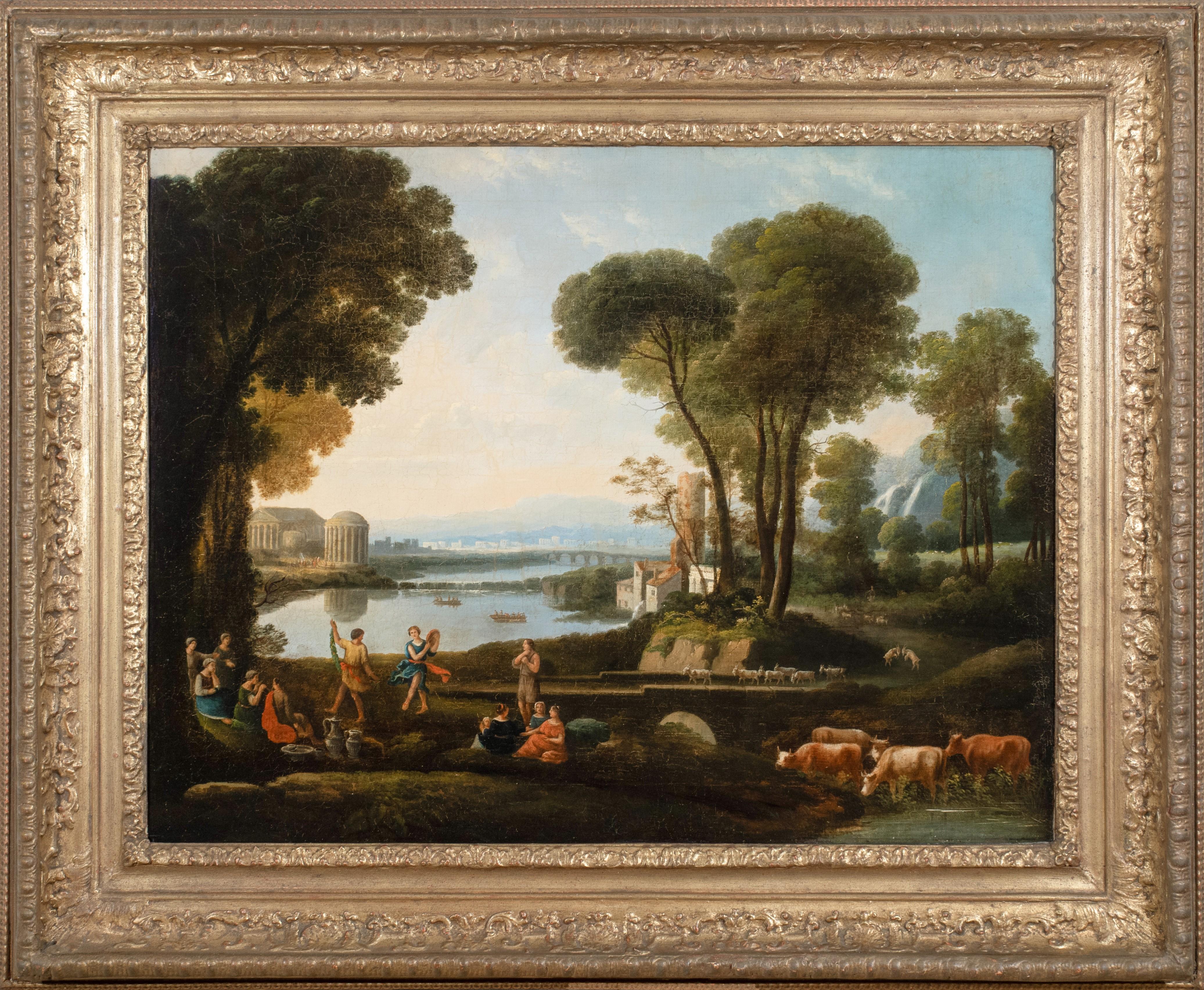 18th Century Italian Old Master Landscape Painting - Huge 18th Century Classical Italianate Arcadian Landscape Figures & Buildings