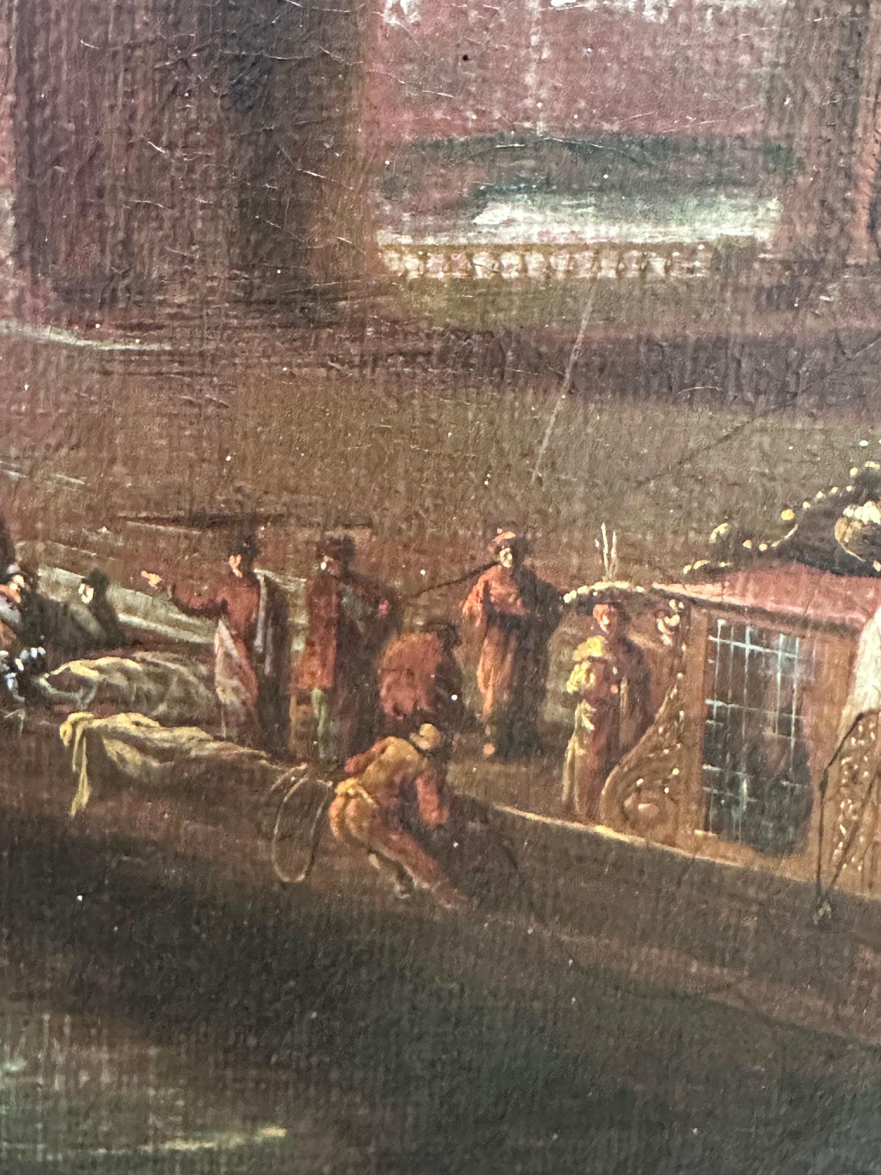 Huge Classical Old Master Oil Painting Ancient Roman Buildings Merchants Port For Sale 7
