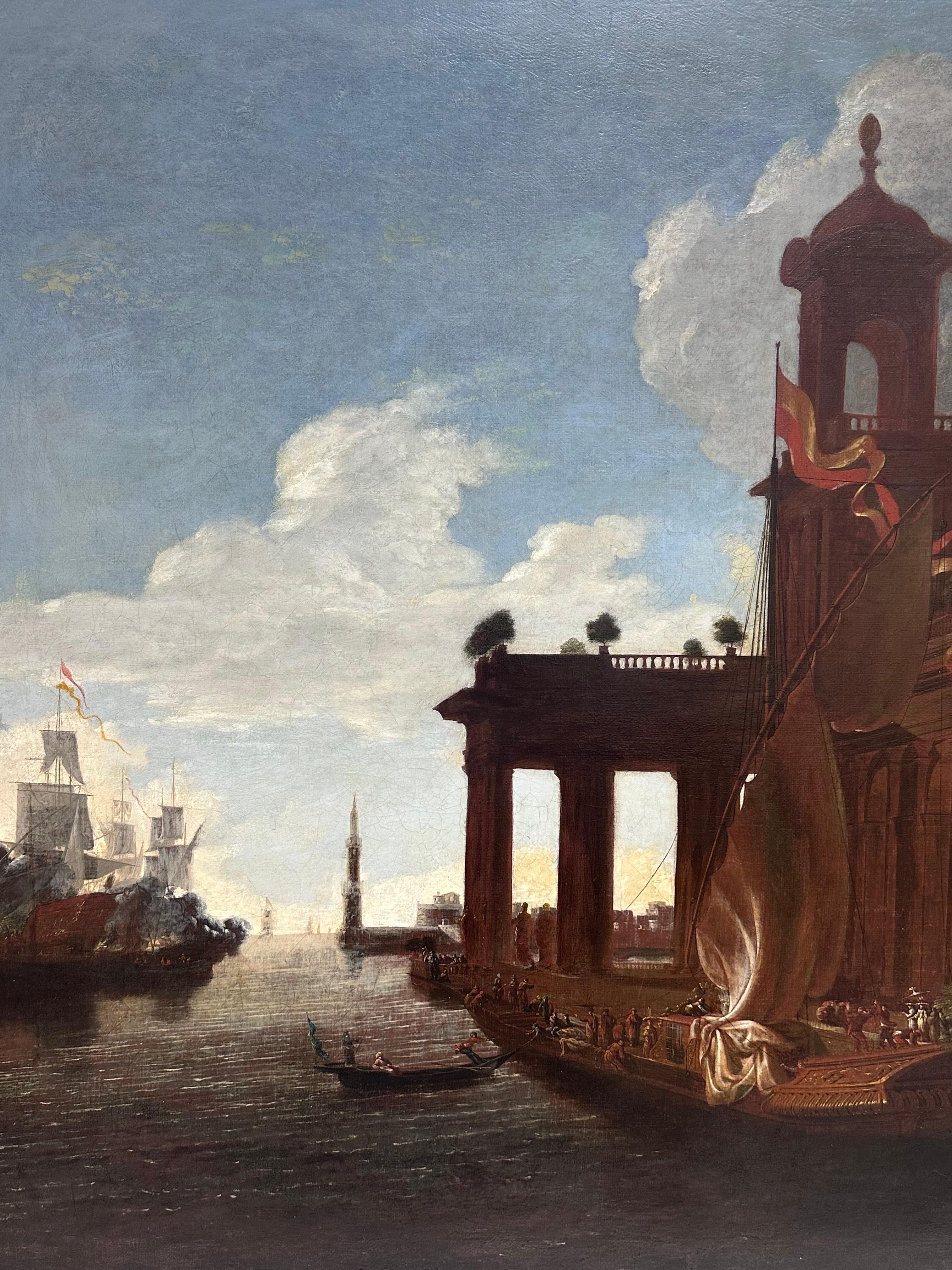 The Ancient Trading Port
Italian Old Master, 18th century
oil painting on canvas, in antique gilt frame of beautiful quality
canvas: 32 x 33 inches
framed: 37 x 38 inches
condition: relined and restored to an excellent standard
provenance: private
