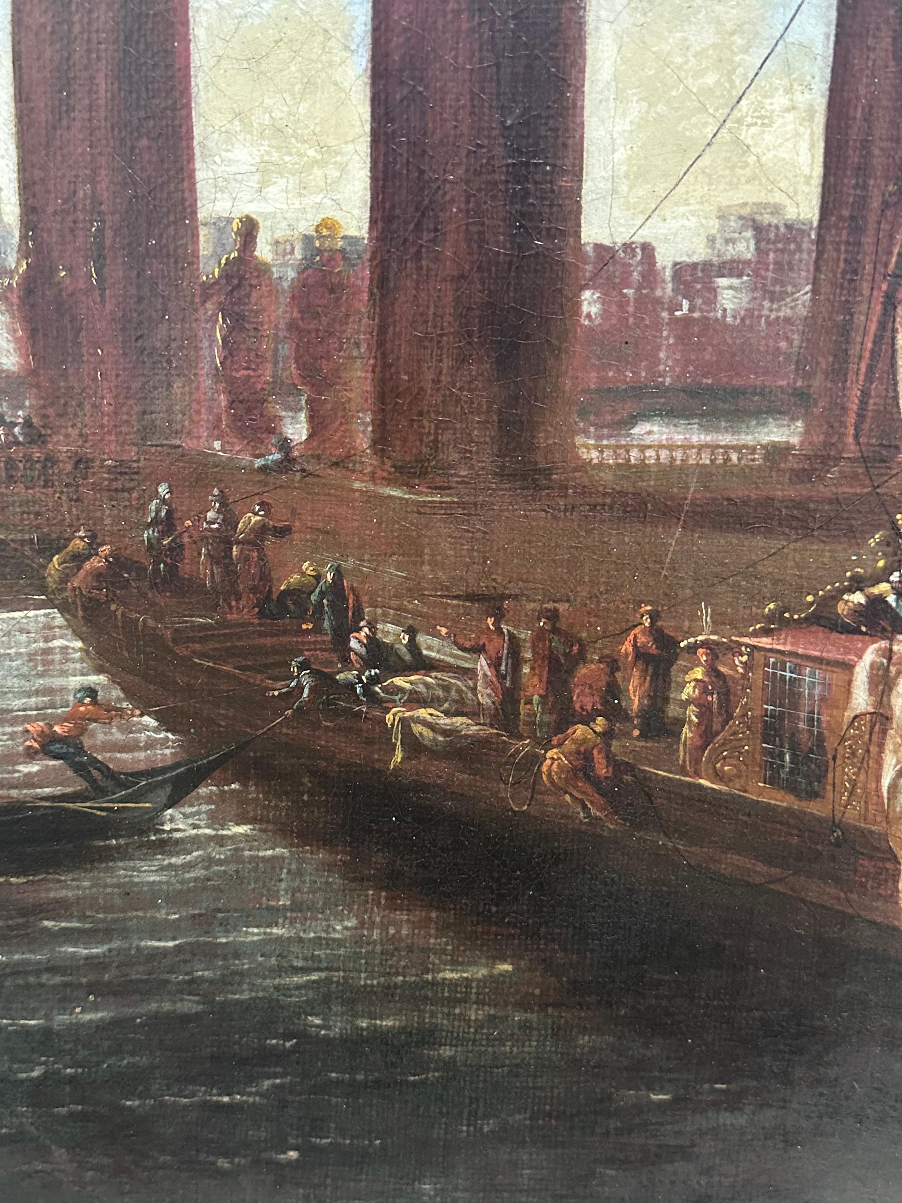 Huge Classical Old Master Oil Painting Ancient Roman Buildings Merchants Port For Sale 6