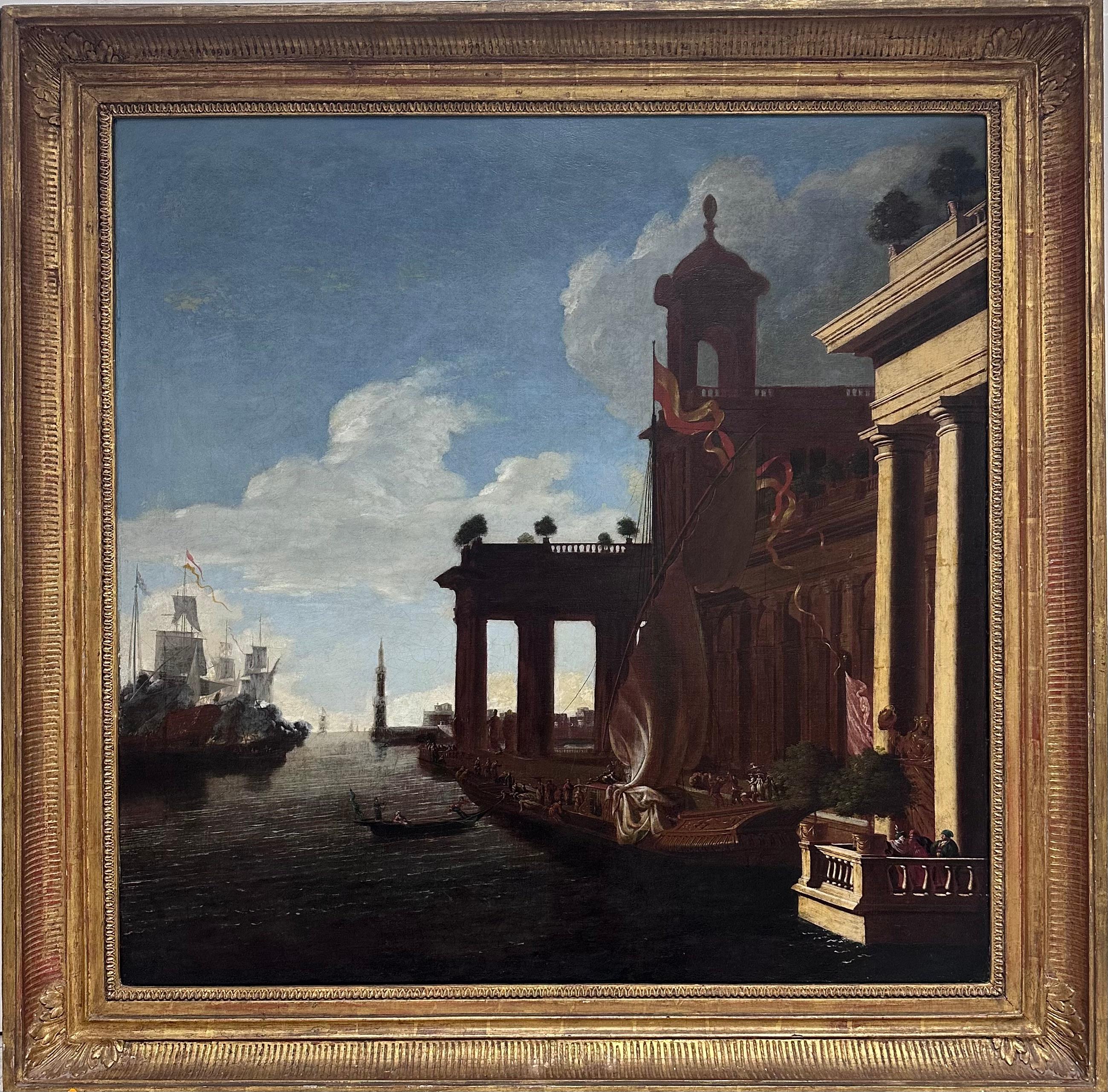 18th Century Italian Old Master Landscape Painting - Huge Classical Old Master Oil Painting Ancient Roman Buildings Merchants Port