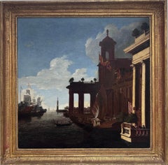 Huge Classical Old Master Oil Painting Ancient Roman Buildings Merchants Port