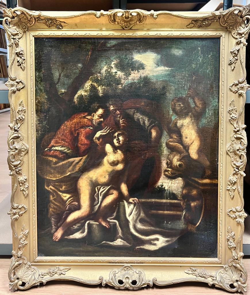 Large 1700 Italian Old Master Nude Bather with Classical Figures Water Fountain  - Painting by 18th Century Italian Old Master