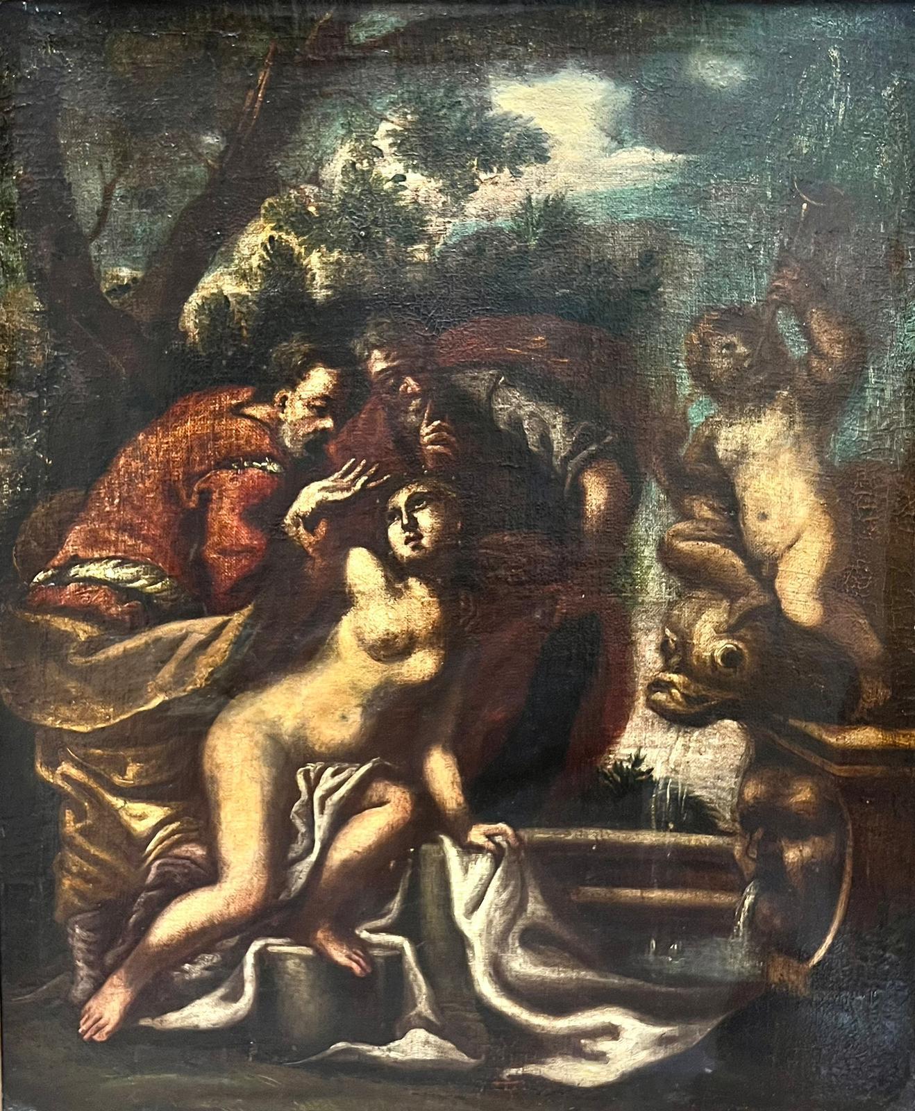 18th Century Italian Old Master Figurative Painting - Large 1700 Italian Old Master Nude Bather with Classical Figures Water Fountain 