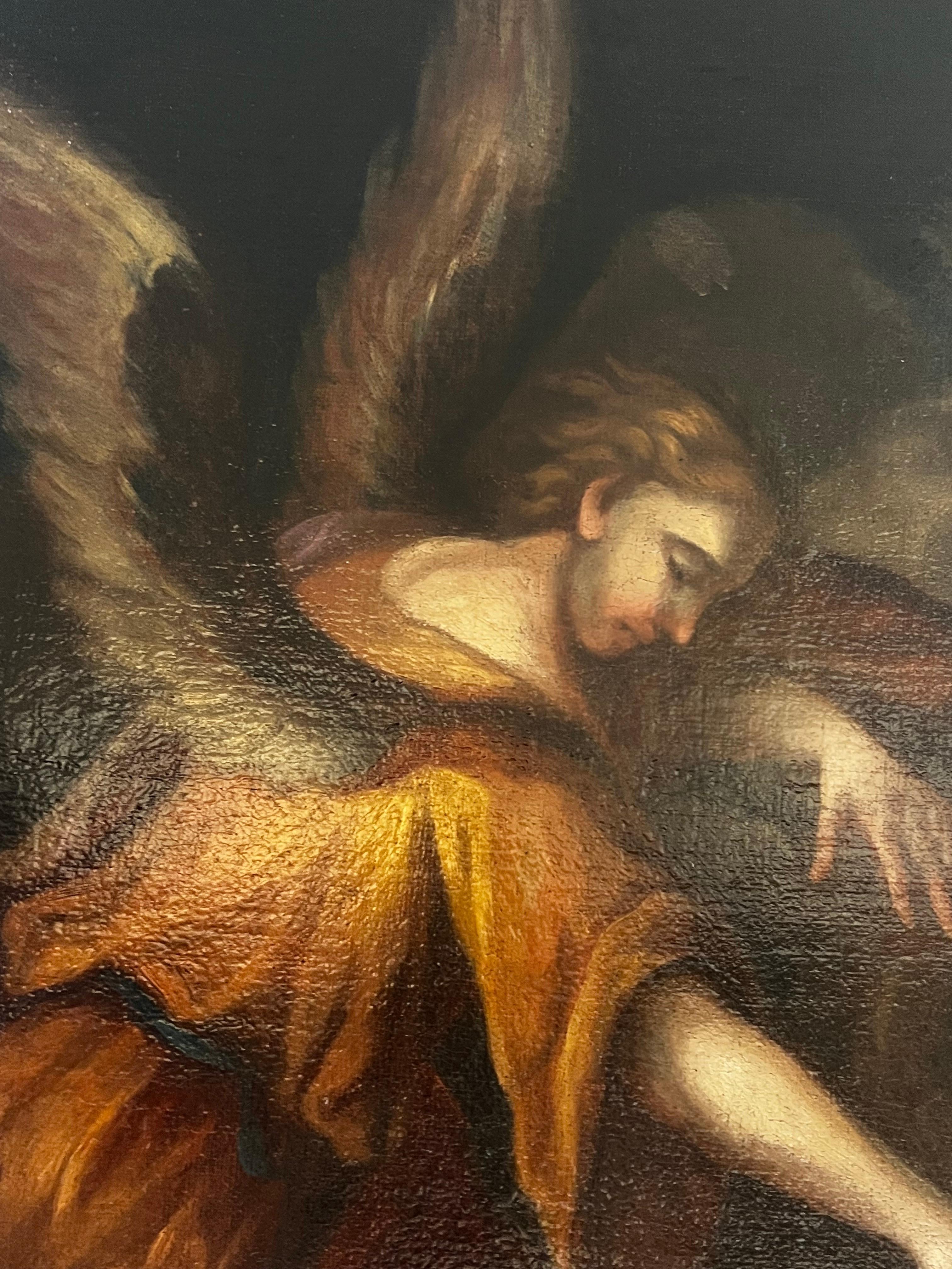 Artist/ School: Italian School, early 18th century

Title: Winged Angel in Flight over Night Sky. Beautifully painted, the work is thought most likely to be a fragment cut down from a once larger composition. 

Medium: oil on canvas, unframed