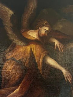 Large 18th Century Italian Old Master Oil Painting Winged Angel in Night Sky