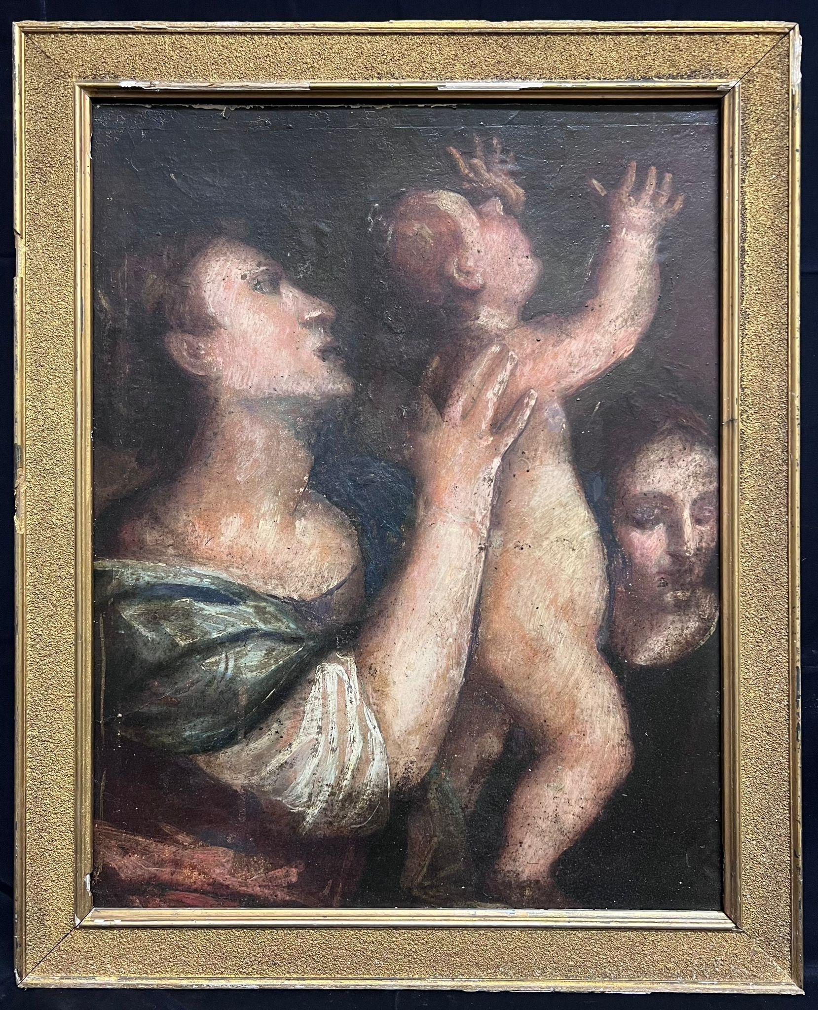 Madonna y Niño con Santo Siglo XVIII Pintura Religiosa Maestro Italiano - Painting de 18th Century Italian Old Master
