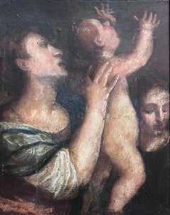 Madonna y Niño con Santo Siglo XVIII Pintura Religiosa Maestro Italiano