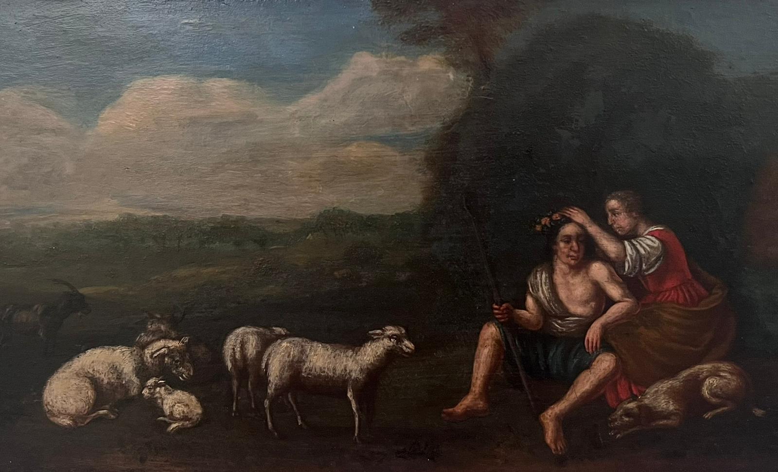 Pastori nei campi con pecore Paesaggio classico del XVIII secolo Pittura a olio - Painting di 18th Century Italian Old Master