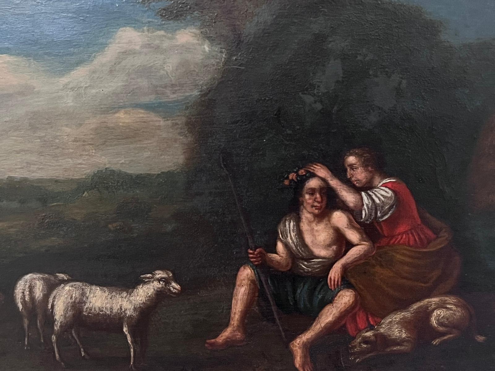 Pastori nei campi con pecore Paesaggio classico del XVIII secolo Pittura a olio - Painting Antichi maestri di 18th Century Italian Old Master