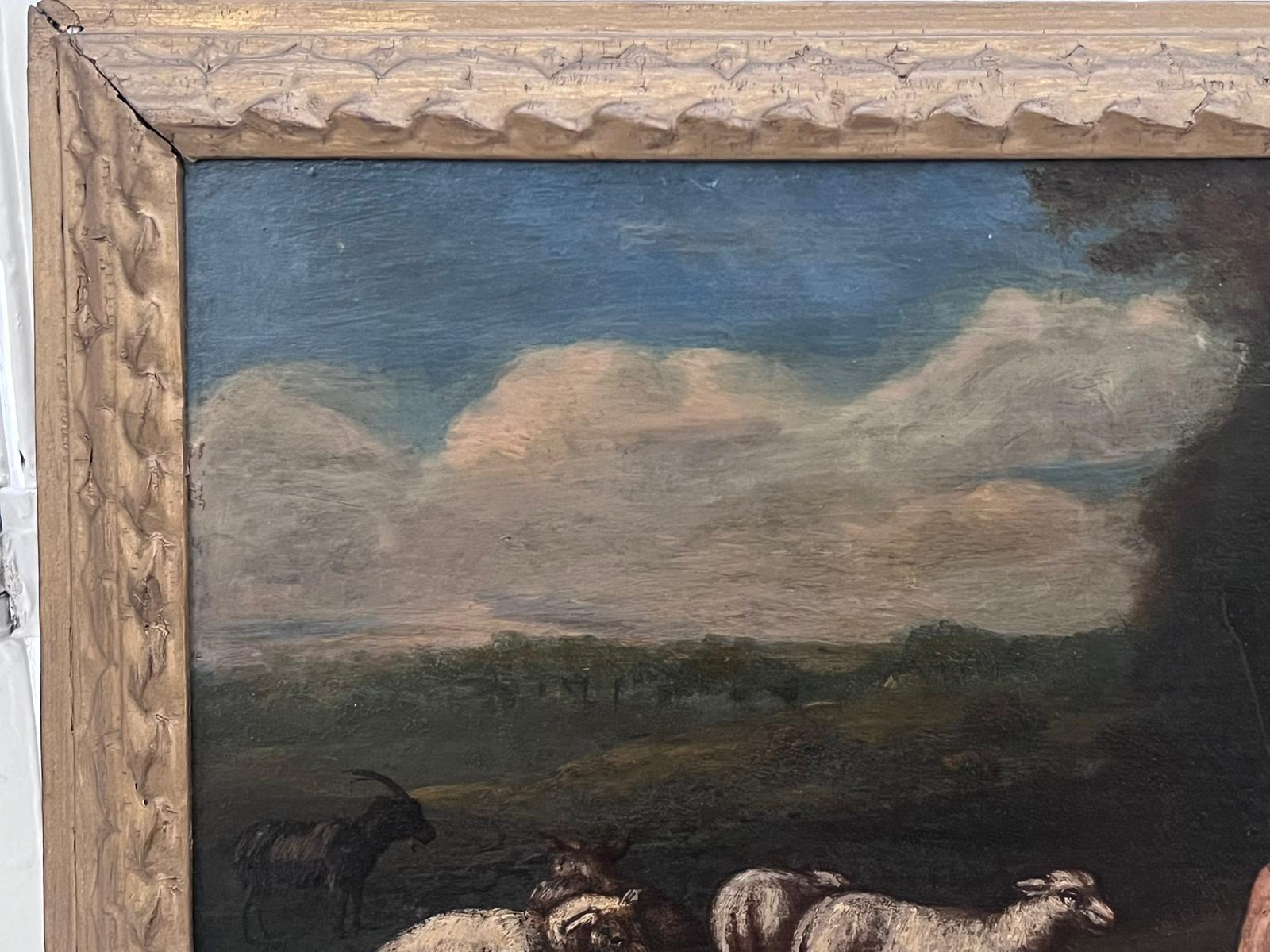 Pastori con pecore, 
Scuola italiana, inizio 1700
dipinto a olio su pannello di legno, incorniciato
incorniciato: 11,5 x 18 pollici
pannello: 9,5 x 15 pollici
provenienza: collezione privata, Inghilterra
condizioni: ottime e solide per la sua età