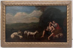 Shepherds in Fields with Sheep Classical Landscape 18th Century Oil Painting