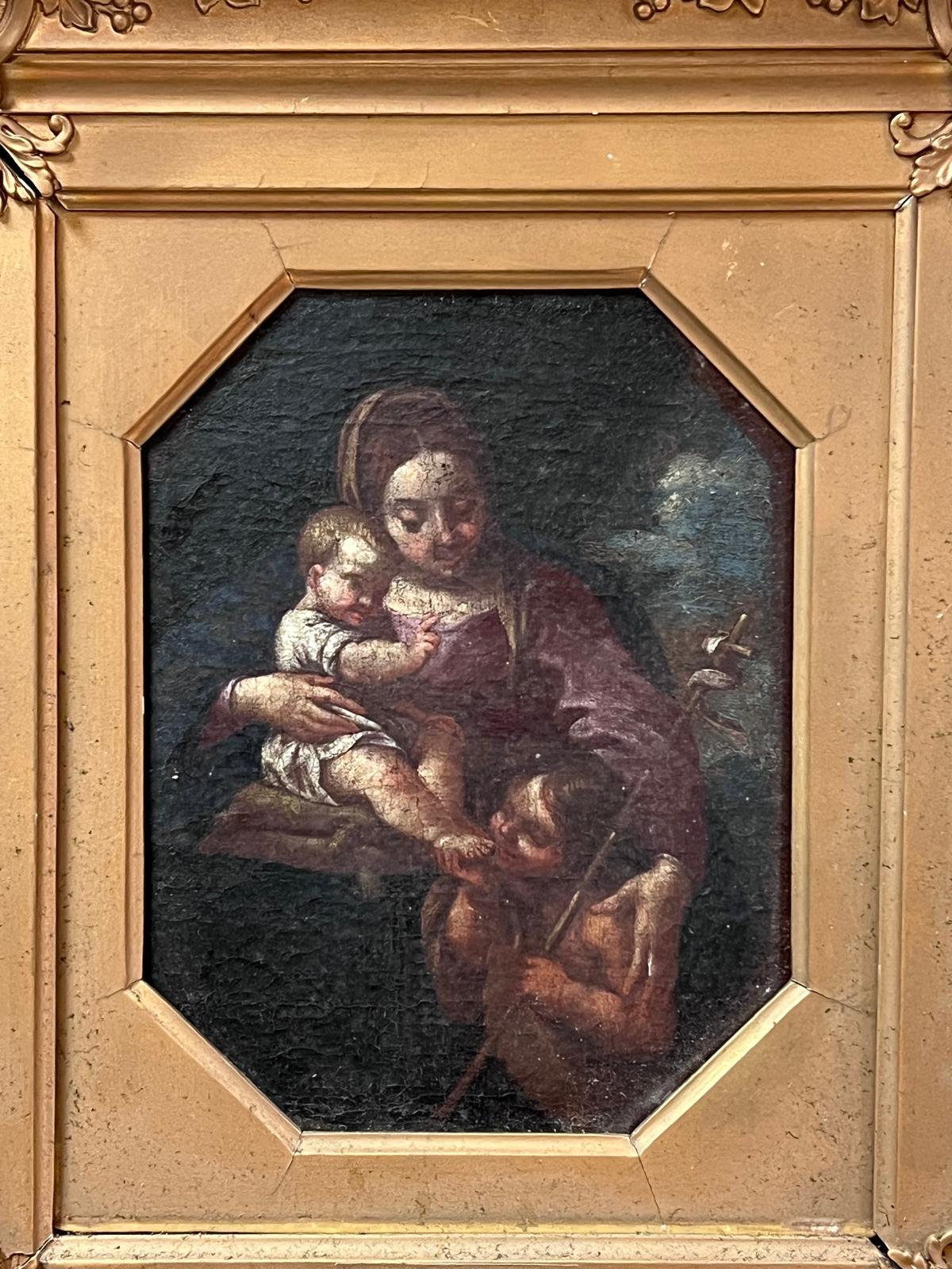 La Virgen con Cristo Niño y St. John Fino Viejo Maestro Italiano del Siglo XVIII - Painting de 18th Century Italian Old Master