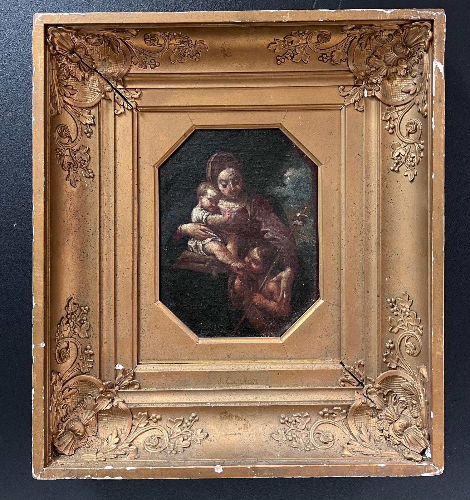 La Virgen con Cristo Niño y St. John Fino Viejo Maestro Italiano del Siglo XVIII - Portrait Painting Marrón de 18th Century Italian Old Master
