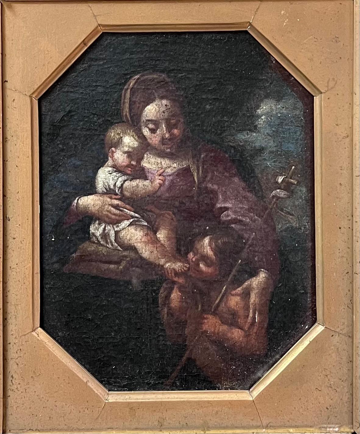 La Virgen, el Niño Jesús y St. John
Escuela italiana, siglo XVIII
óleo sobre madera, enmarcado en marco antiguo dorado de época
enmarcado: 16 x 14,5 pulgadas
madera: 9 x 6,5 pulgadas
procedencia: colección privada, Reino Unido
estado: muy bueno y en
