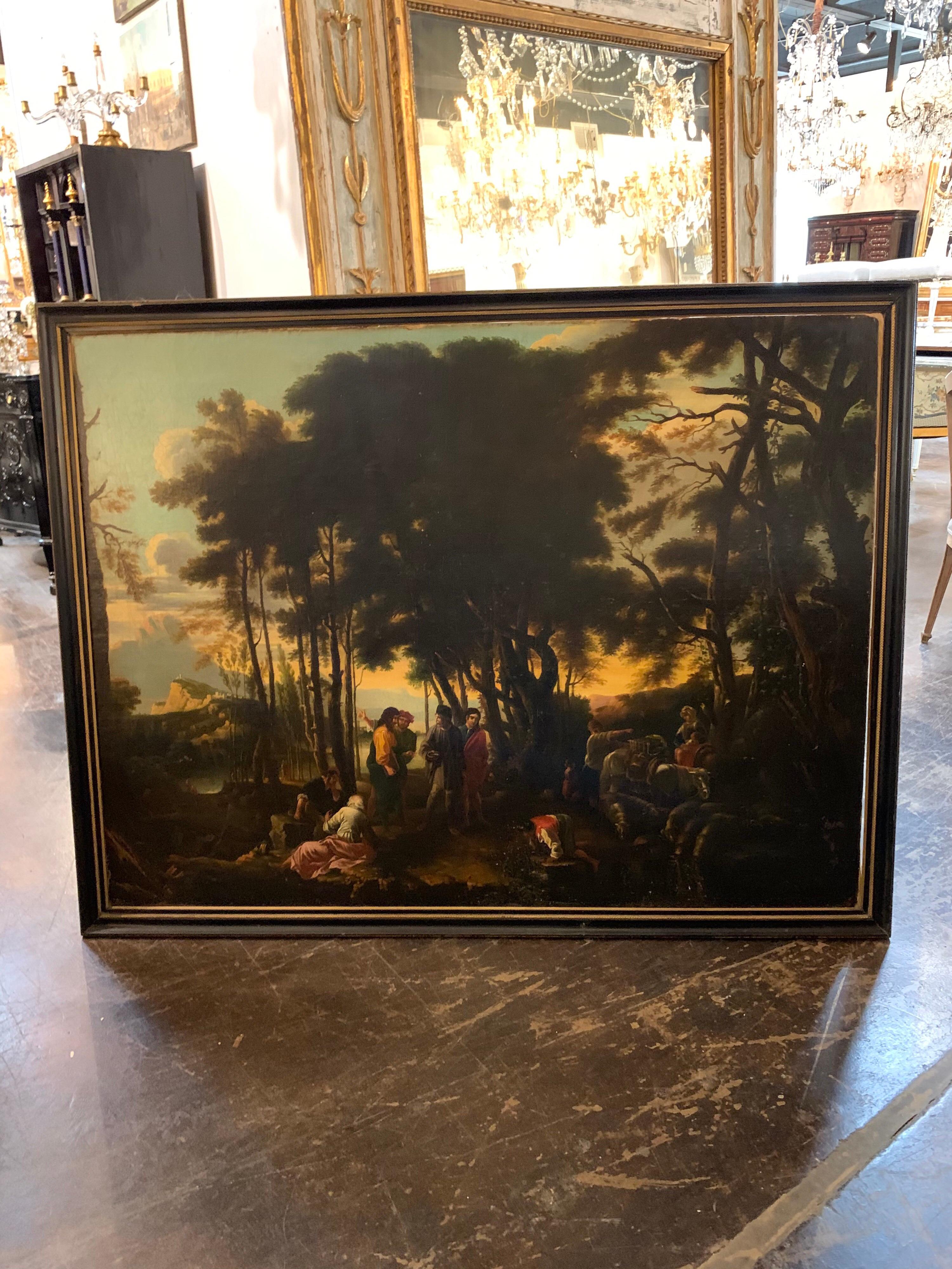 Beautiful 18th century Italian old masters oil painting. The scene depicts a rural landscape with a group of people in conversation and various tasks along with animals. An interesting piece!
