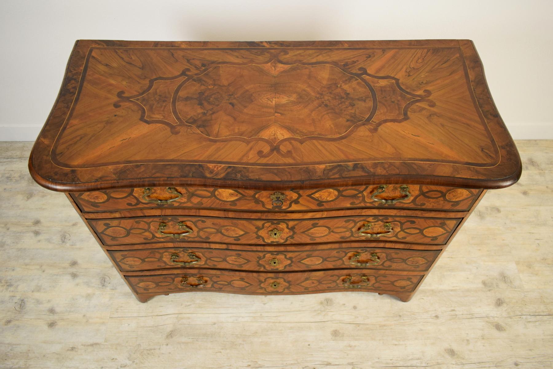 Louis XIV 18th Century, Italian Olive Wood Paved and Inlaid Chest of Drawers For Sale