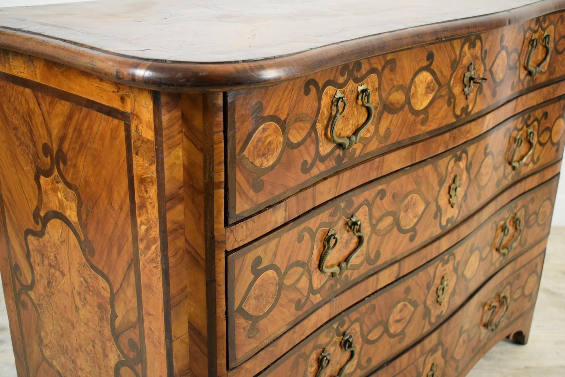 Bronze 18th Century, Italian Olive Wood Paved and Inlaid Chest of Drawers For Sale