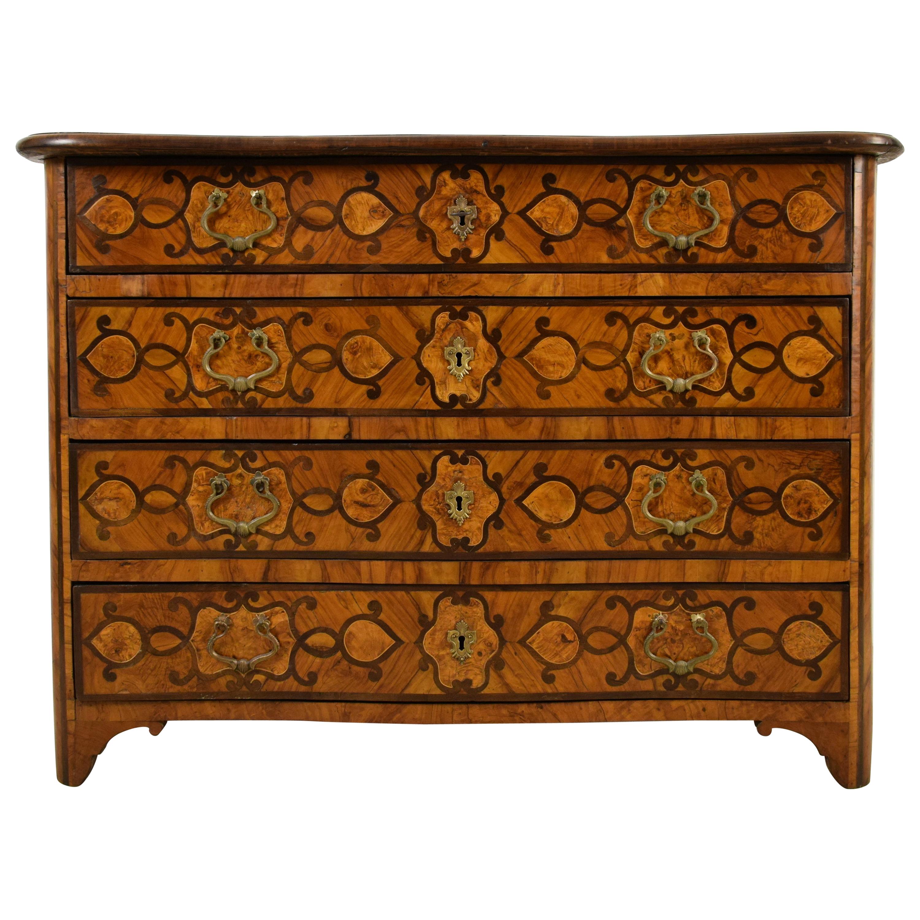 18th Century, Italian Olive Wood Paved and Inlaid Chest of Drawers For Sale