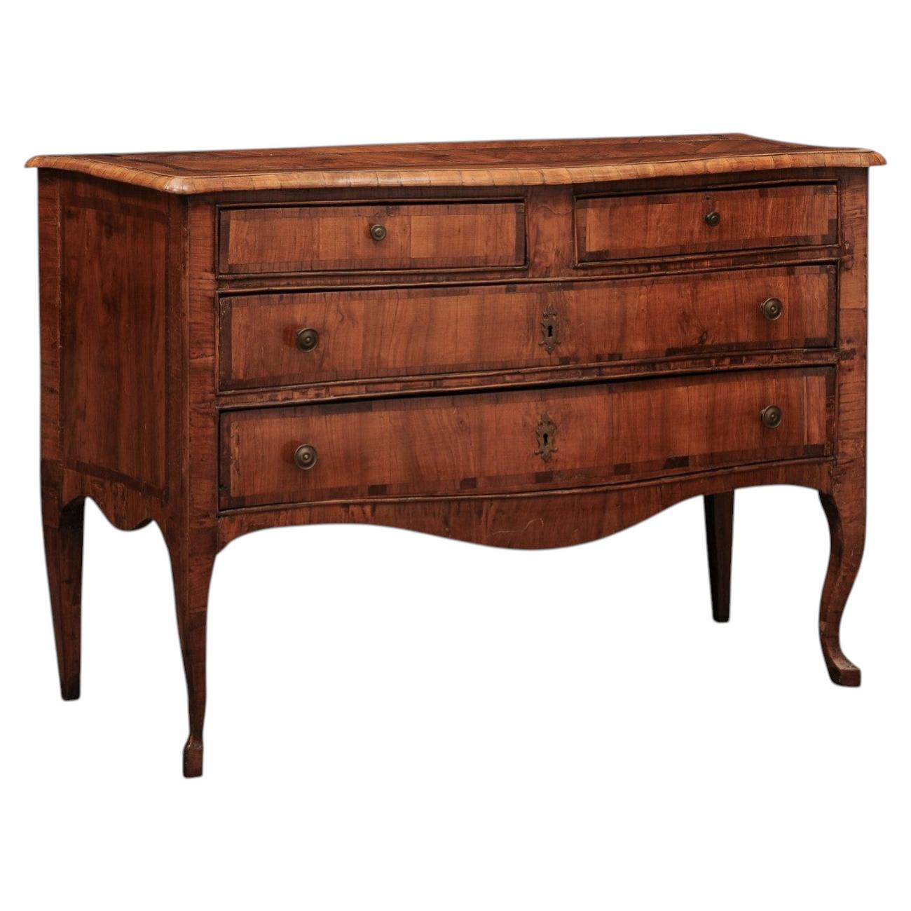 18th Century Italian Olive Wood Serpentine Commode with 4 Drawers & Crossbanding