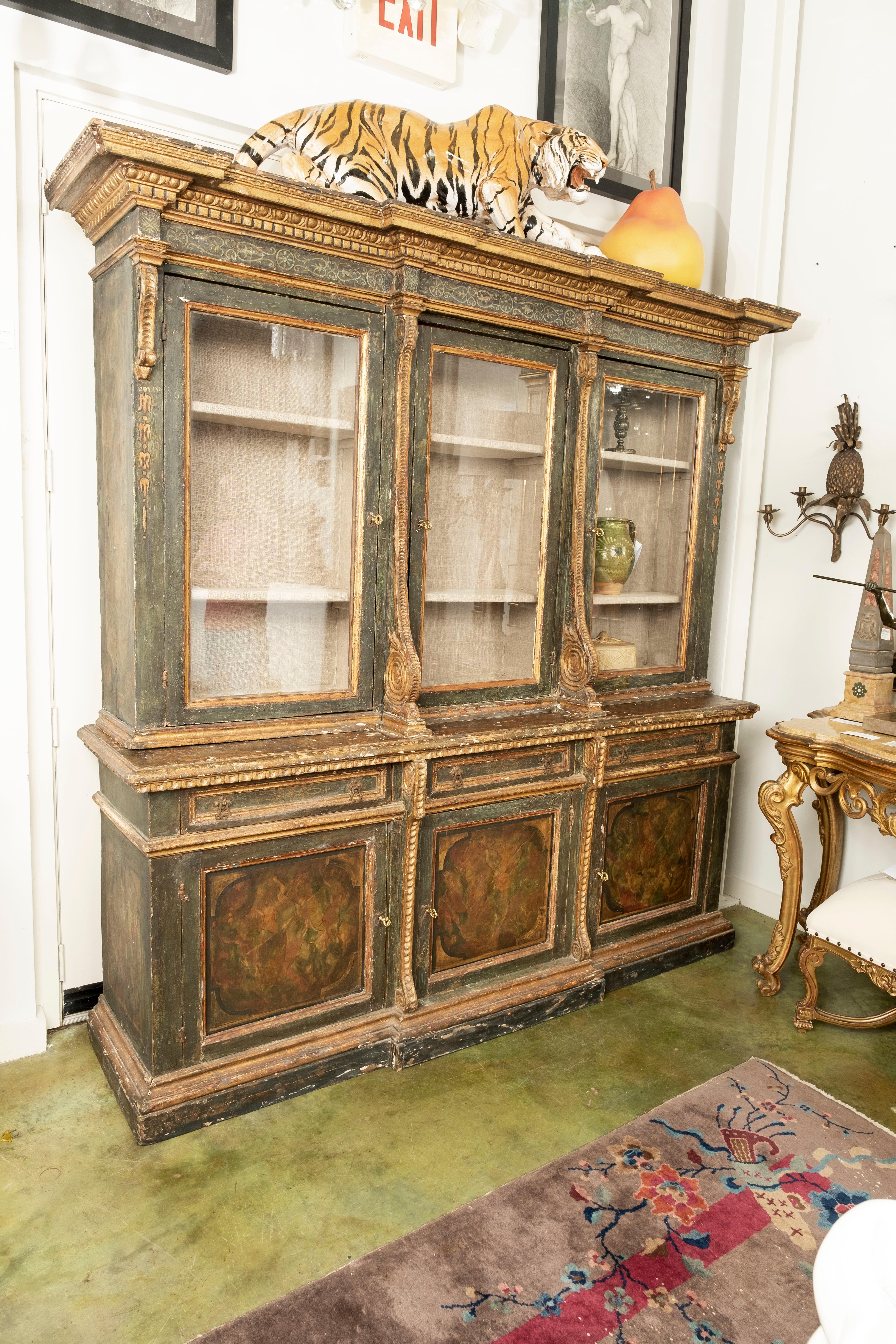 Baroque Italian Bookcase, 18th Century Painted And Parcel Gilt For Sale