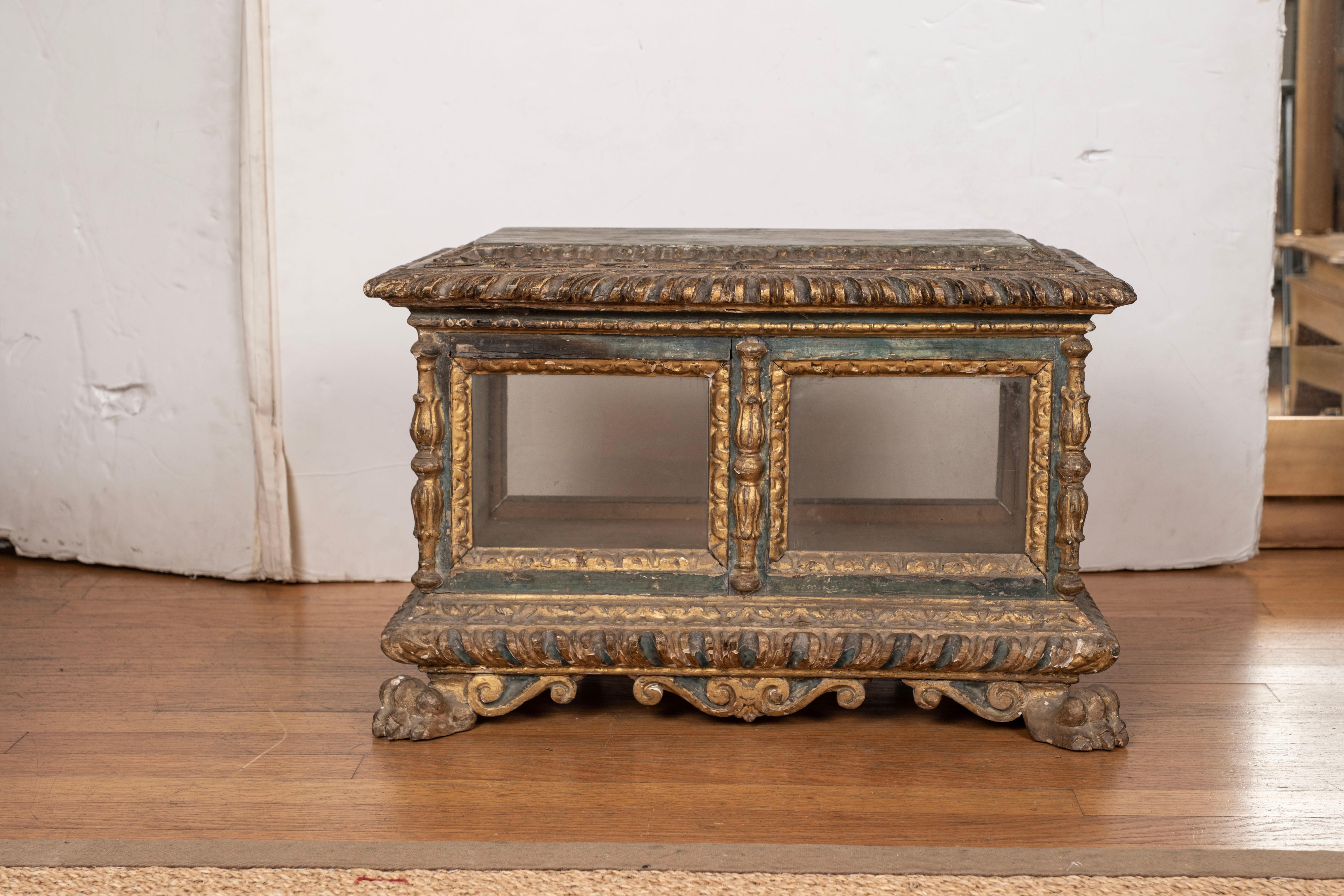 Glass 18th Century Italian Painted and Parcel Gilt Reliquary Box For Sale