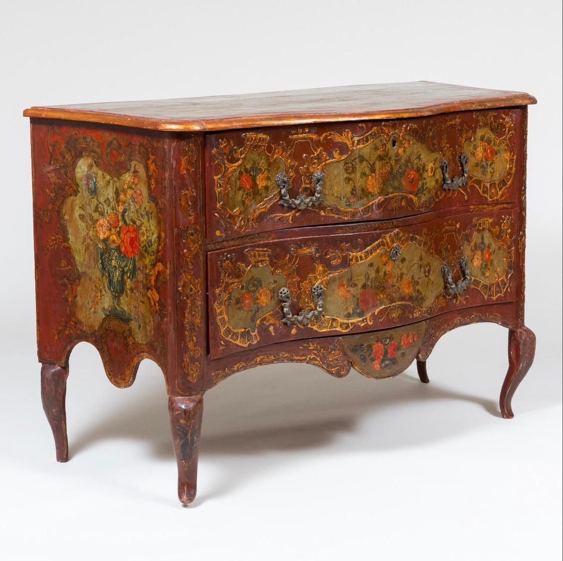 Step into the elegance of the 18th century with this extraordinary Italian hand-painted bombe commode, a stunning example of craftsmanship and artistry from the third quarter of the 1700s. Combining graceful design with exquisite polychrome-painted