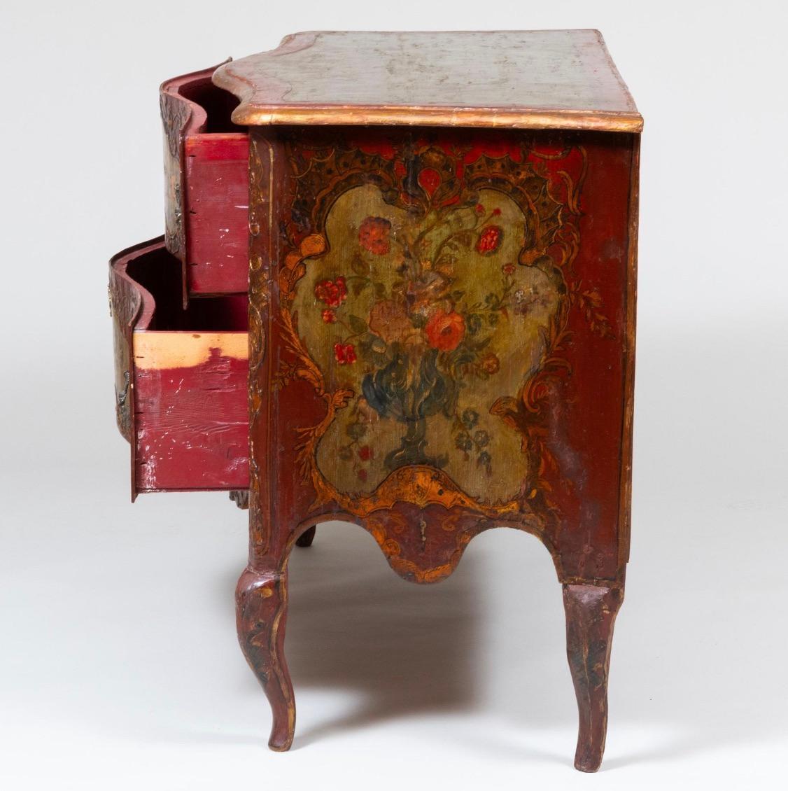 Hand-Carved 18th Century Italian Painted Bombe Commode ca. 1770 For Sale