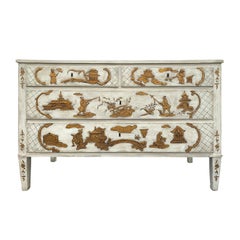 18th Century Italian Painted Chinoiserie White & Gold Commode, Three Drawers