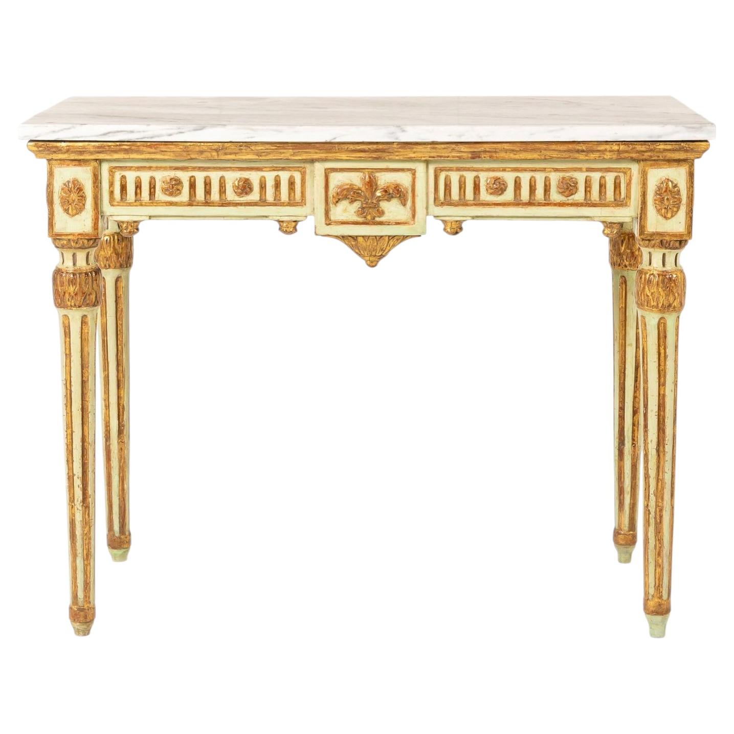 Mesa consola italiana del siglo XVIII pintada con tapa de mármol en venta
