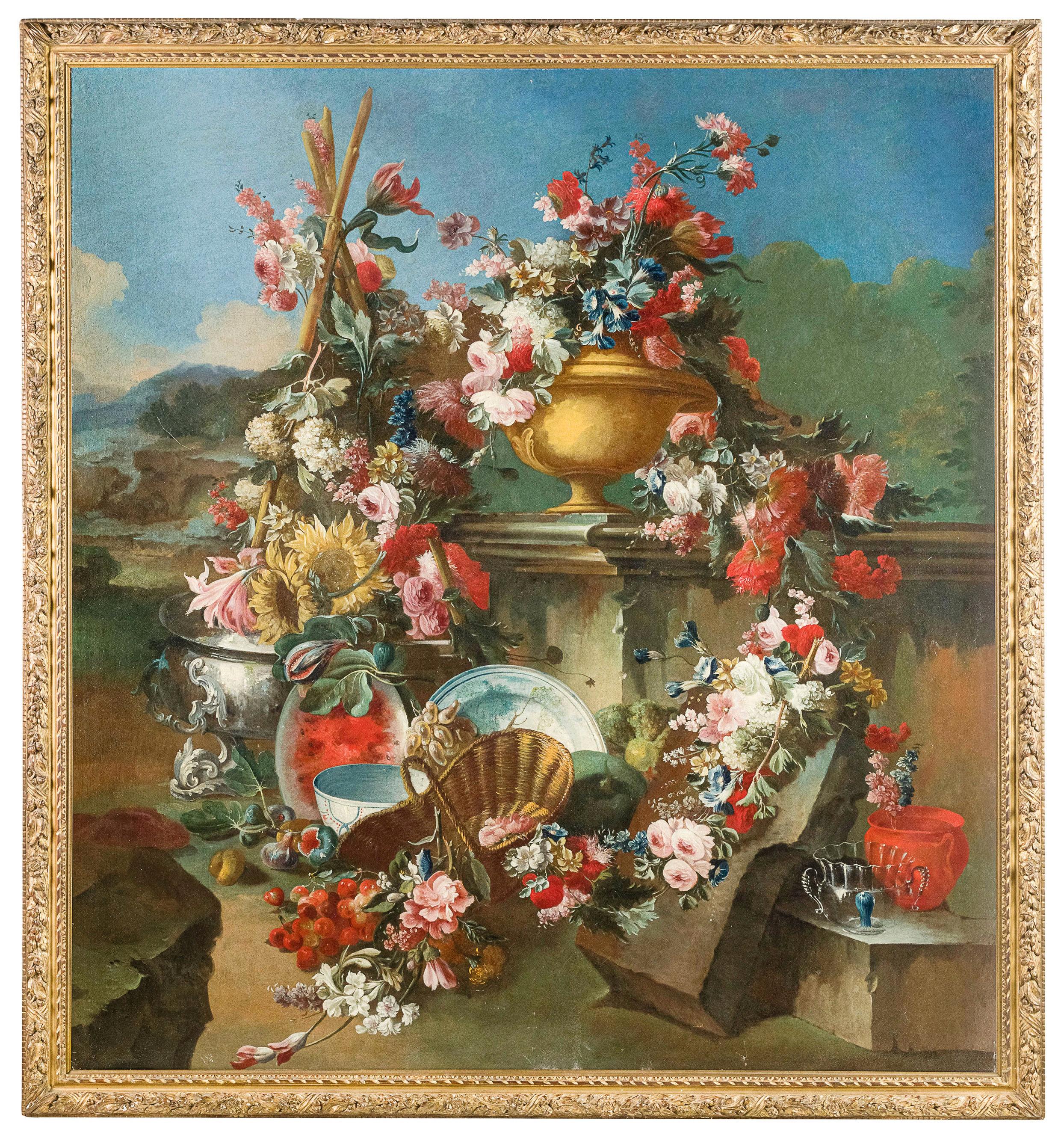 XVIIIe siècle, peinture italienne avec nature morte par Francesco Lavagna.

Le tableau fin et imposant, accompagné d'un cadre en bois sculpté et doré, représente une somptueuse composition de fleurs insérées dans un élégant environnement extérieur.