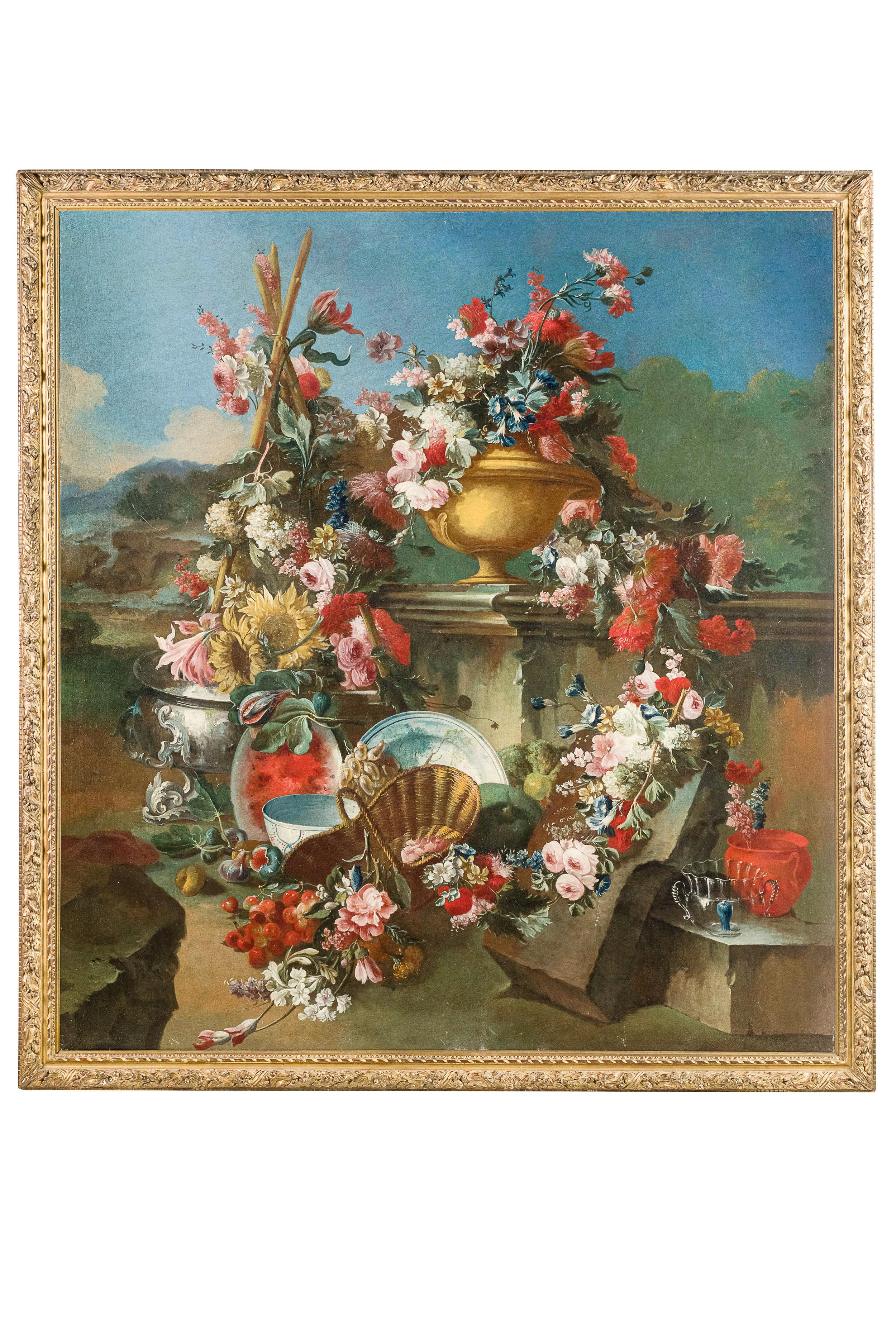 Rococo XVIIIe siècle, peinture italienne avec nature morte par Francesco Lavagna en vente