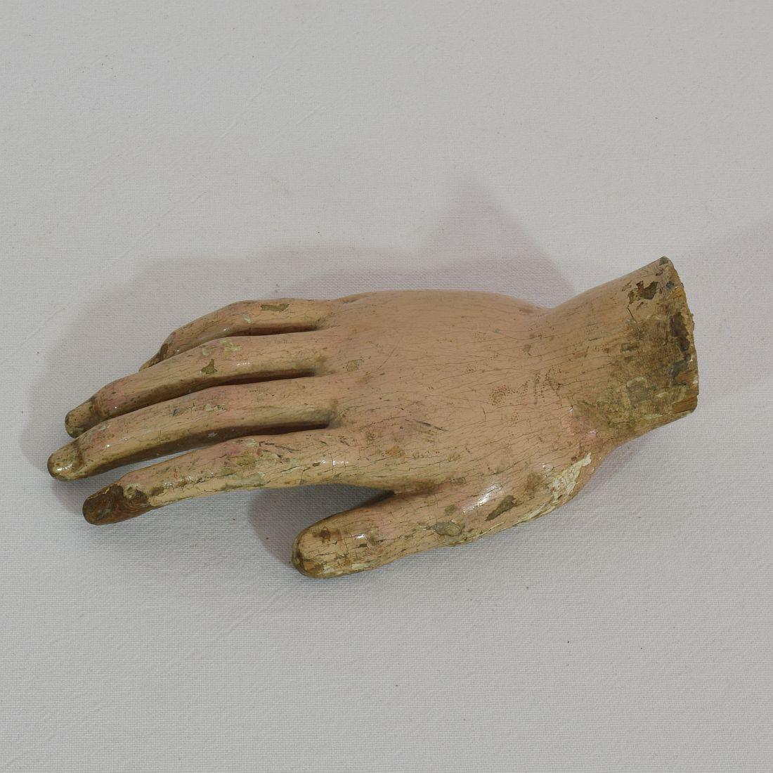 Beautiful painted wooden hand that once belonged to a saint statue
Italy, circa 1750. Great to use as a paper weight. Weathered.