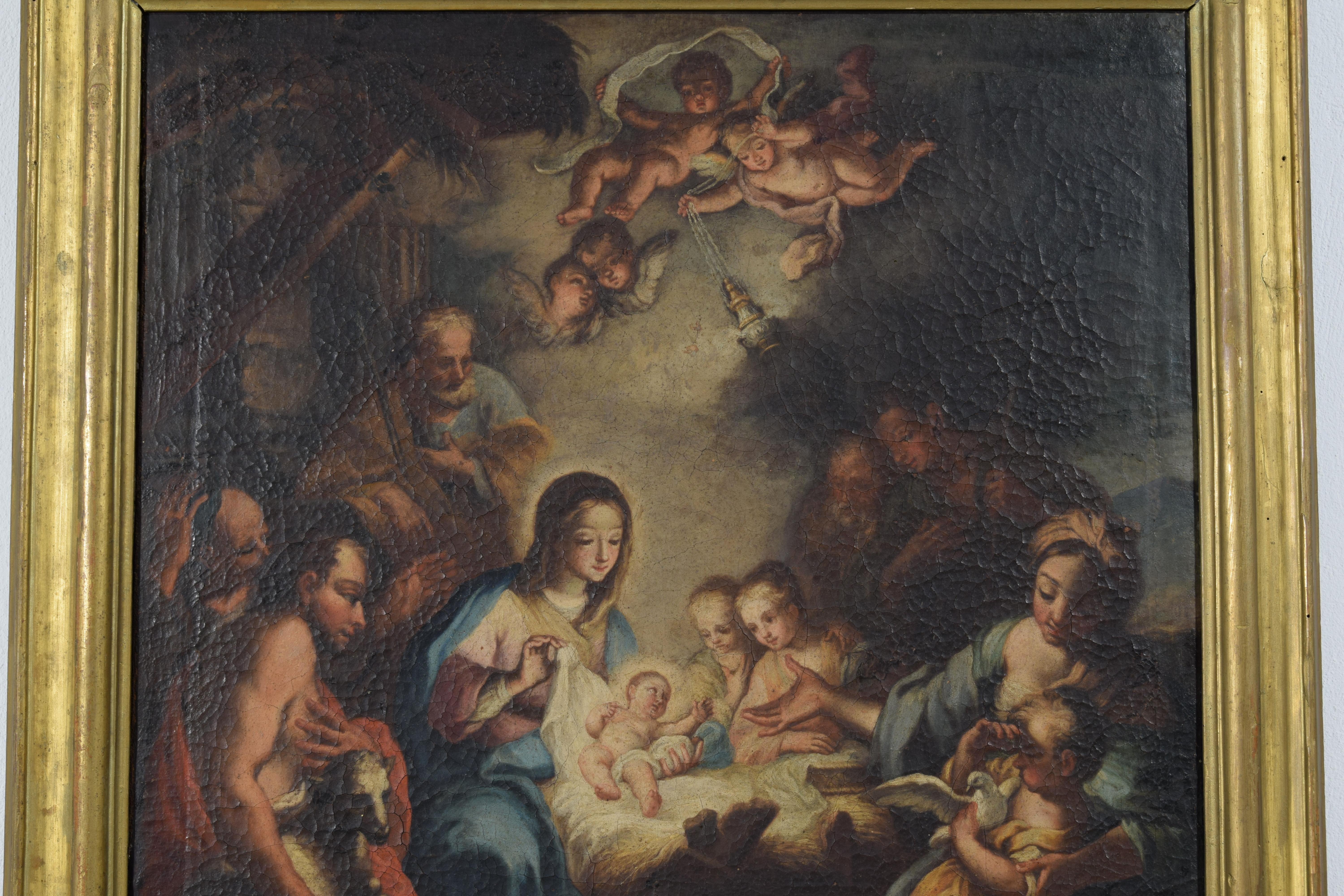 Hand-Painted 18th Century, Italian Painting, Adoration of the Shepherds by Follower of Conca