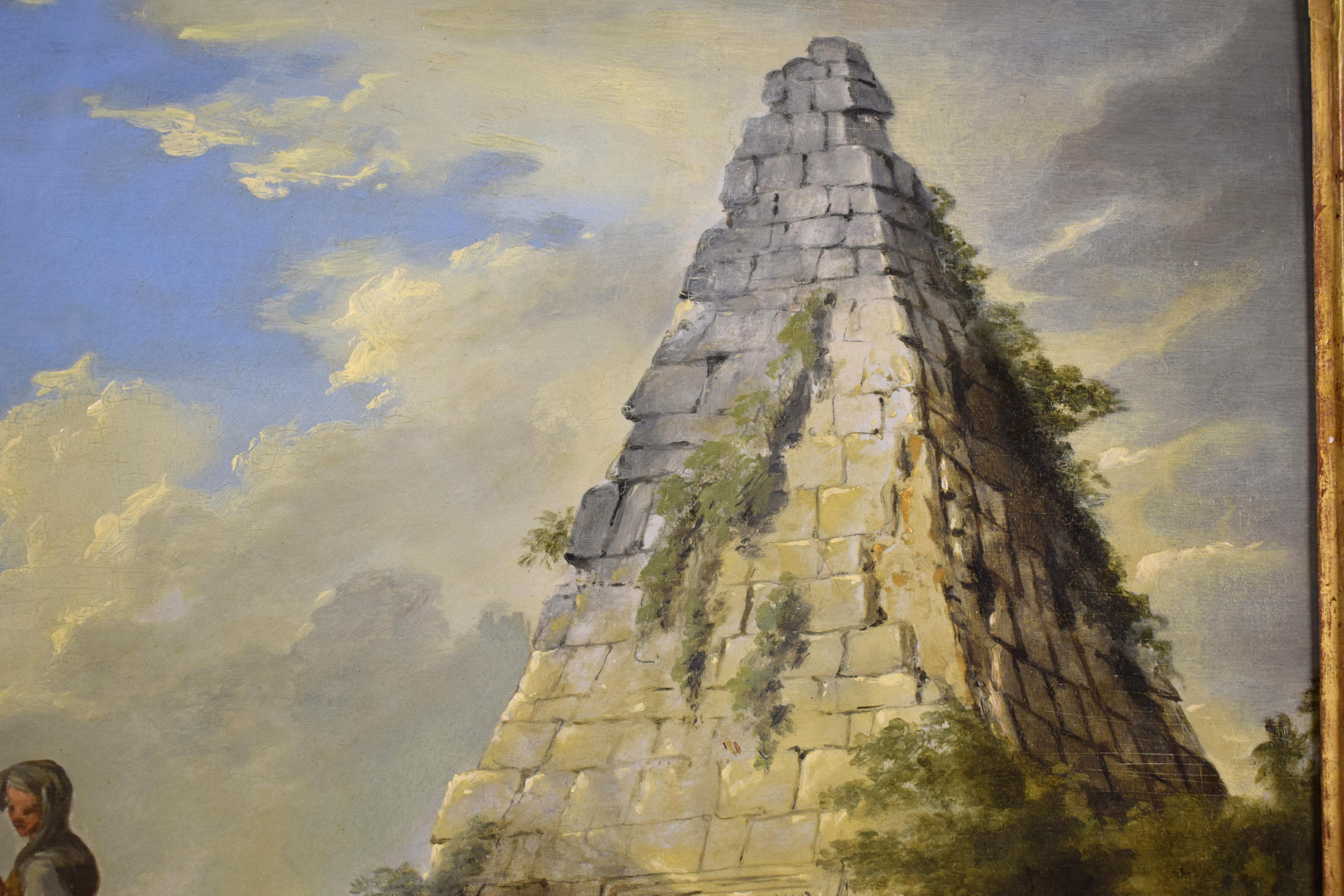 Italienisches architektonisches Gemälde Capriccio mit Caio Cestio Pyramide, nach Panini im Angebot 5