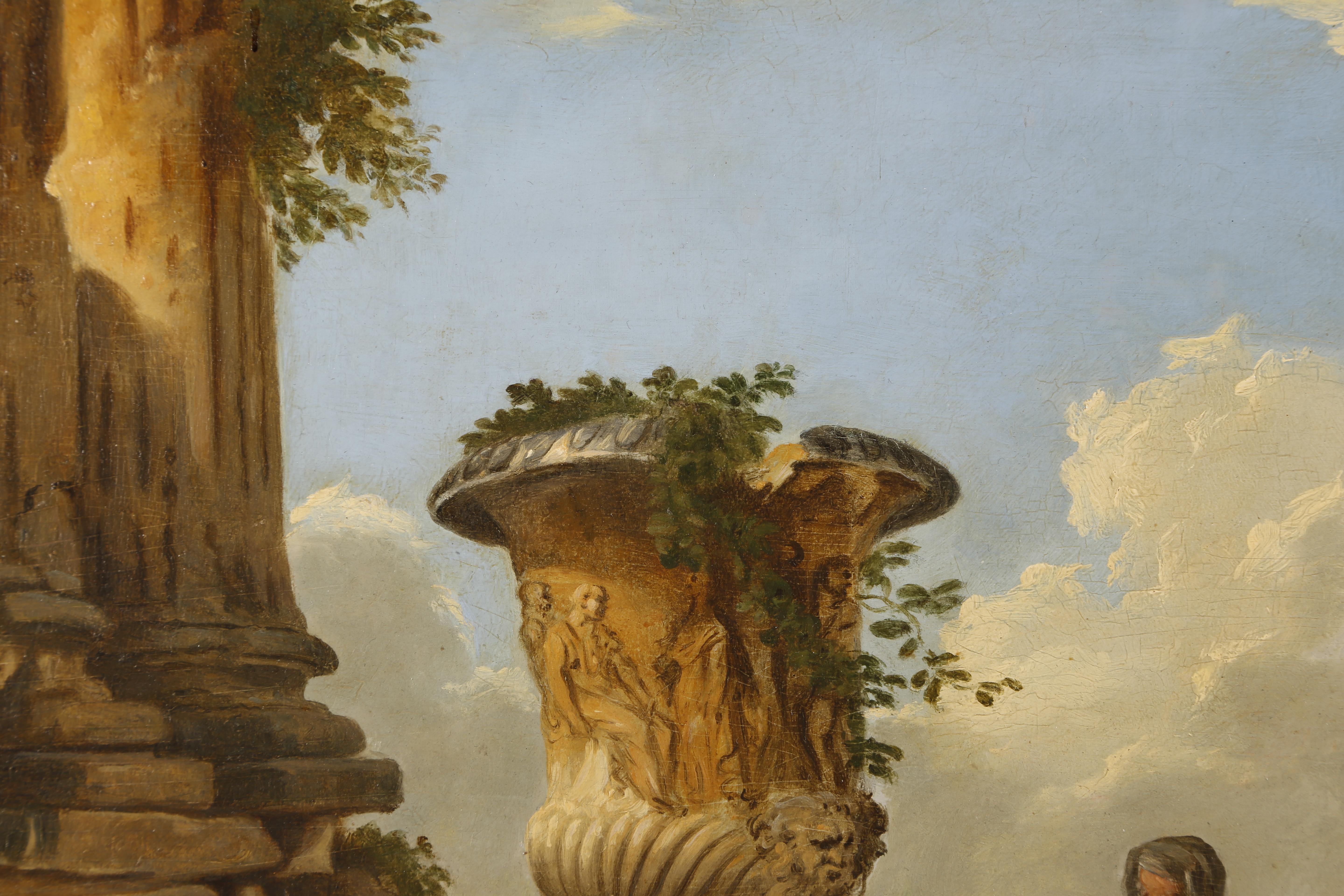 Italienisches architektonisches Gemälde Capriccio mit Caio Cestio Pyramide, nach Panini im Angebot 6