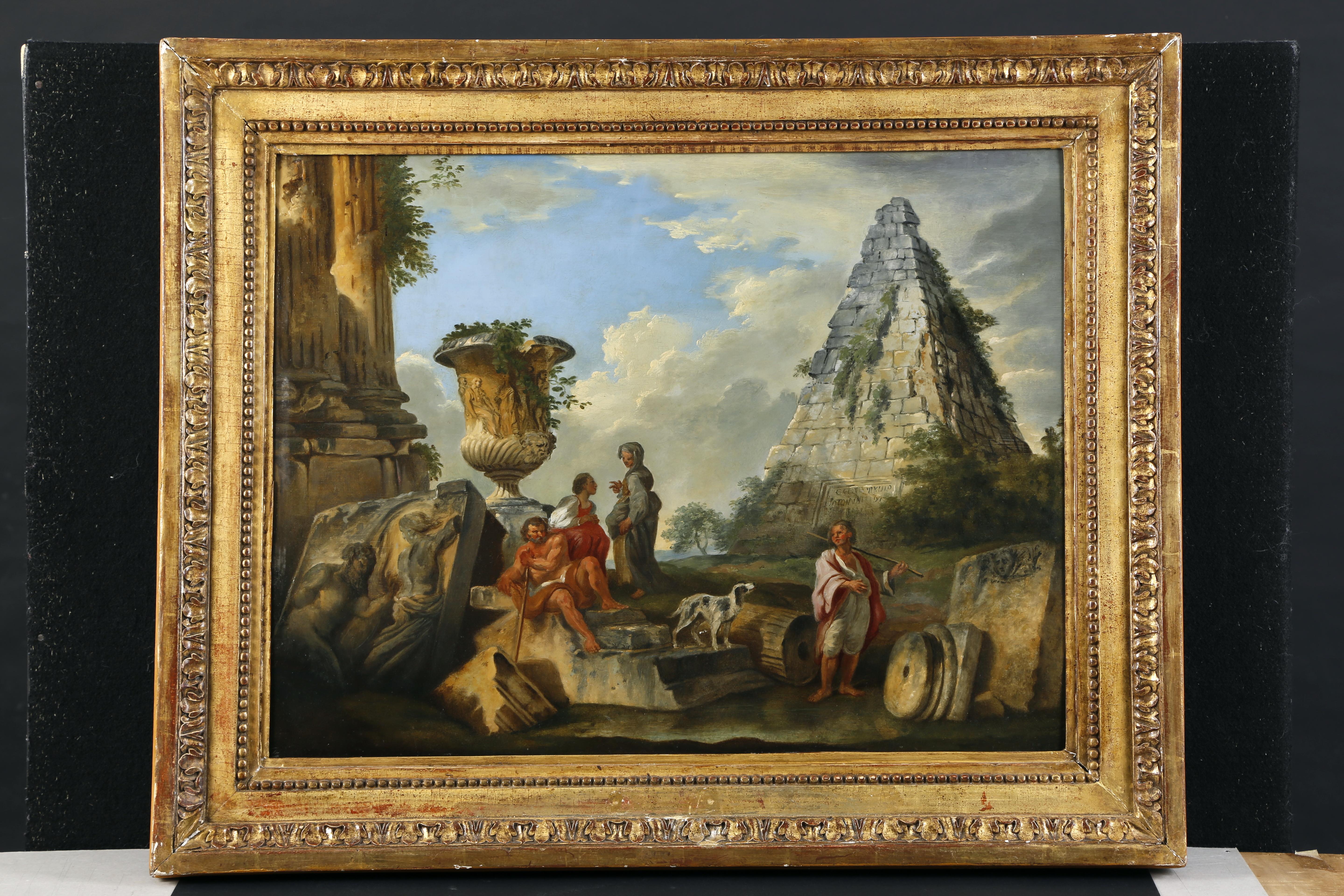 Italienisches architektonisches Gemälde Capriccio mit Caio Cestio Pyramide, nach Panini im Angebot 7