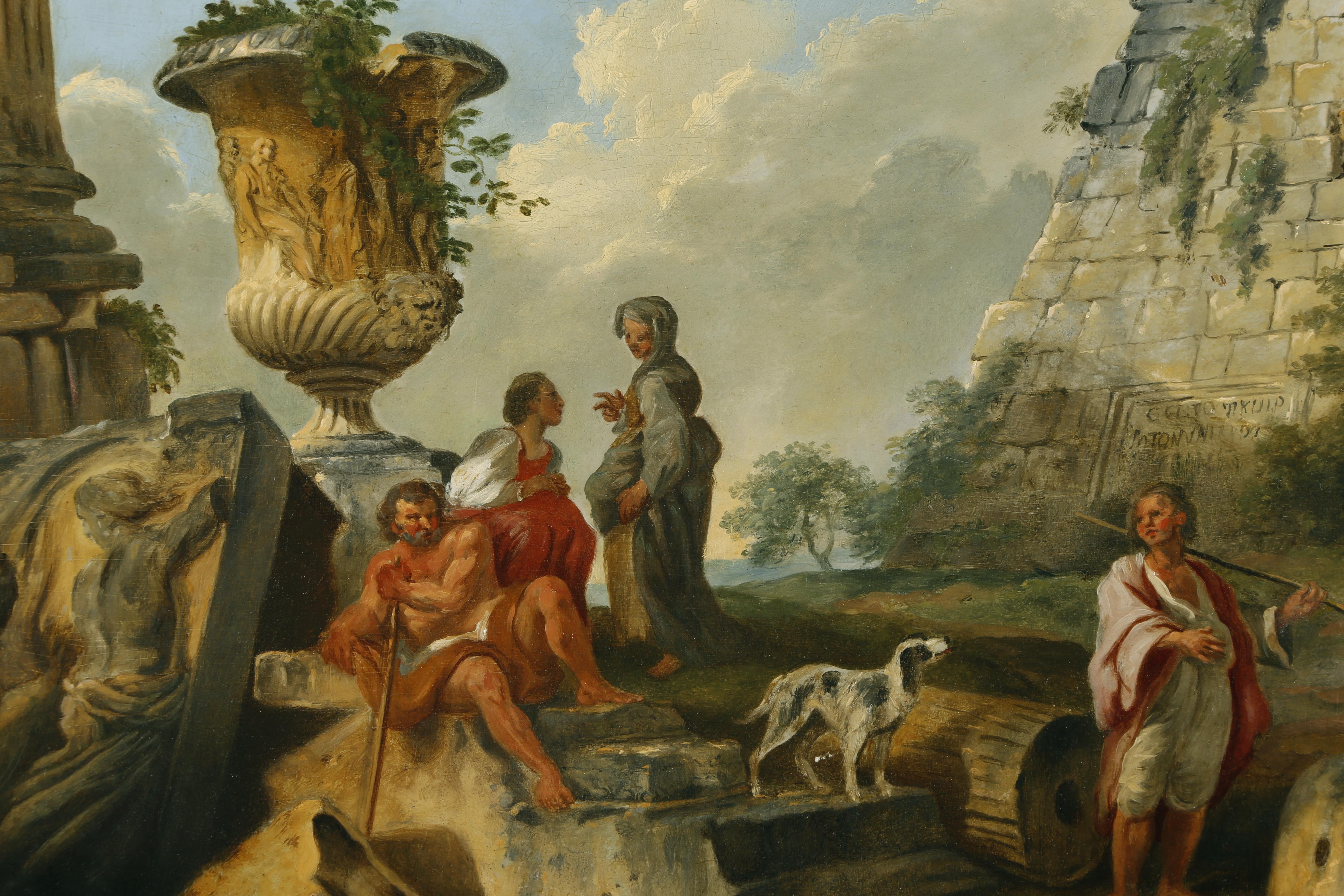 Italienisches architektonisches Gemälde Capriccio mit Caio Cestio Pyramide, nach Panini im Angebot 8