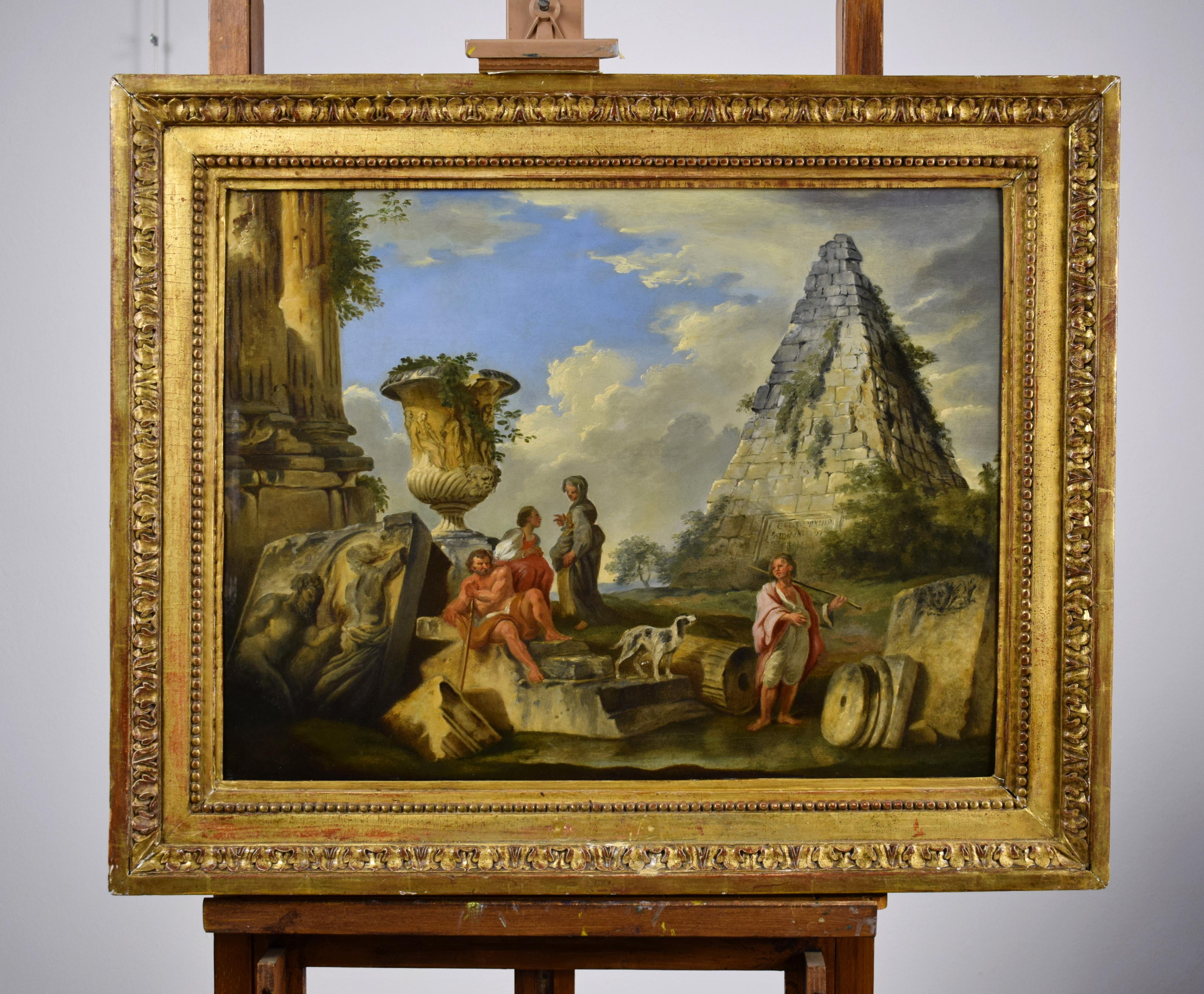 Italienisches architektonisches Gemälde Capriccio mit Caio Cestio Pyramide, nach Panini im Angebot 10