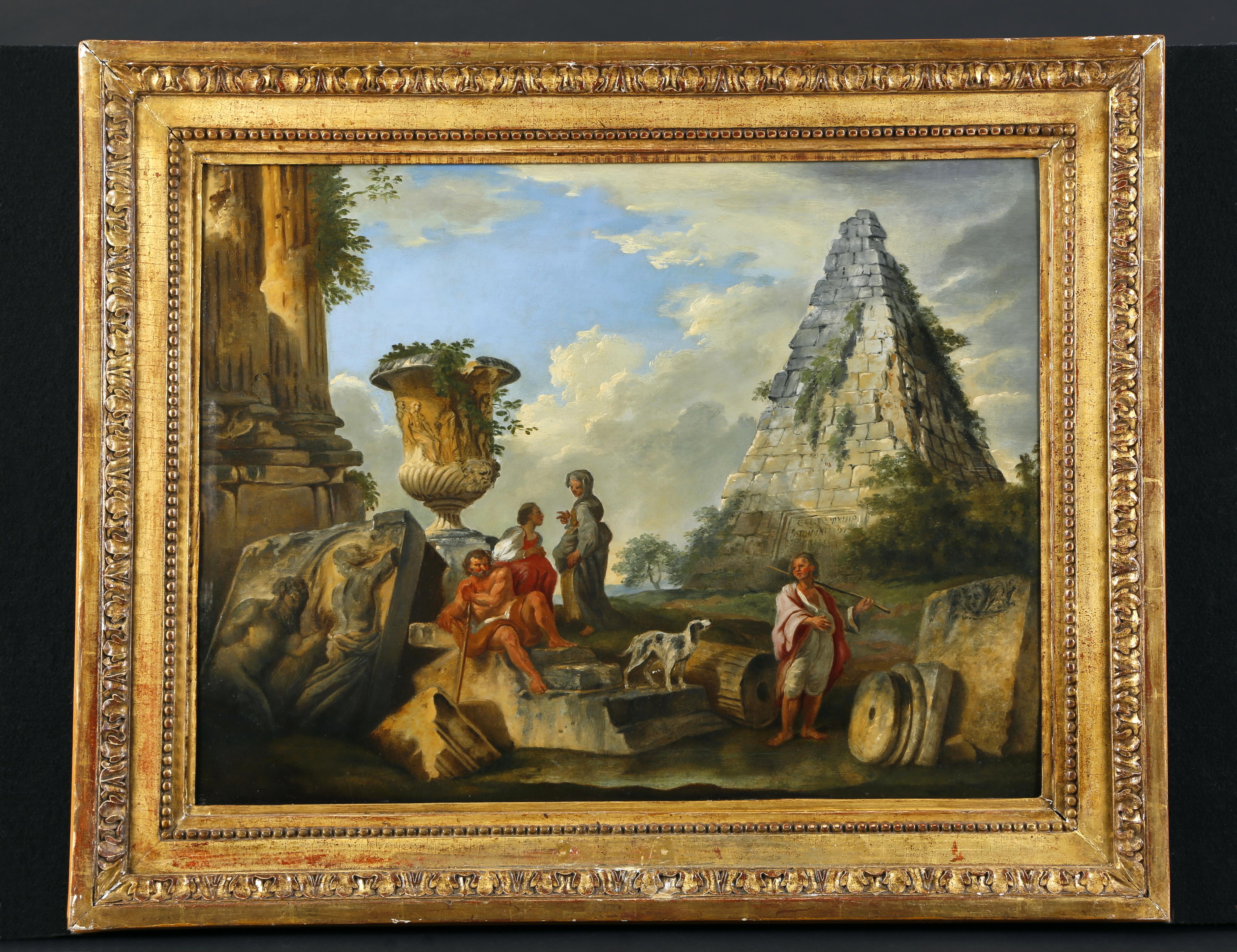 19. Jahrhundert, Italienische Malerei Architektonisches Capriccio mit der Pyramide von Caio Cestio, römischer Maler, nach Giovanni Paolo Panini, unsigniert. 
Maße: cm H 48 x B 63,5, Rahmen H 65 x B 80,5 x T 4,4
Das in Öl auf Leinwand ausgeführte