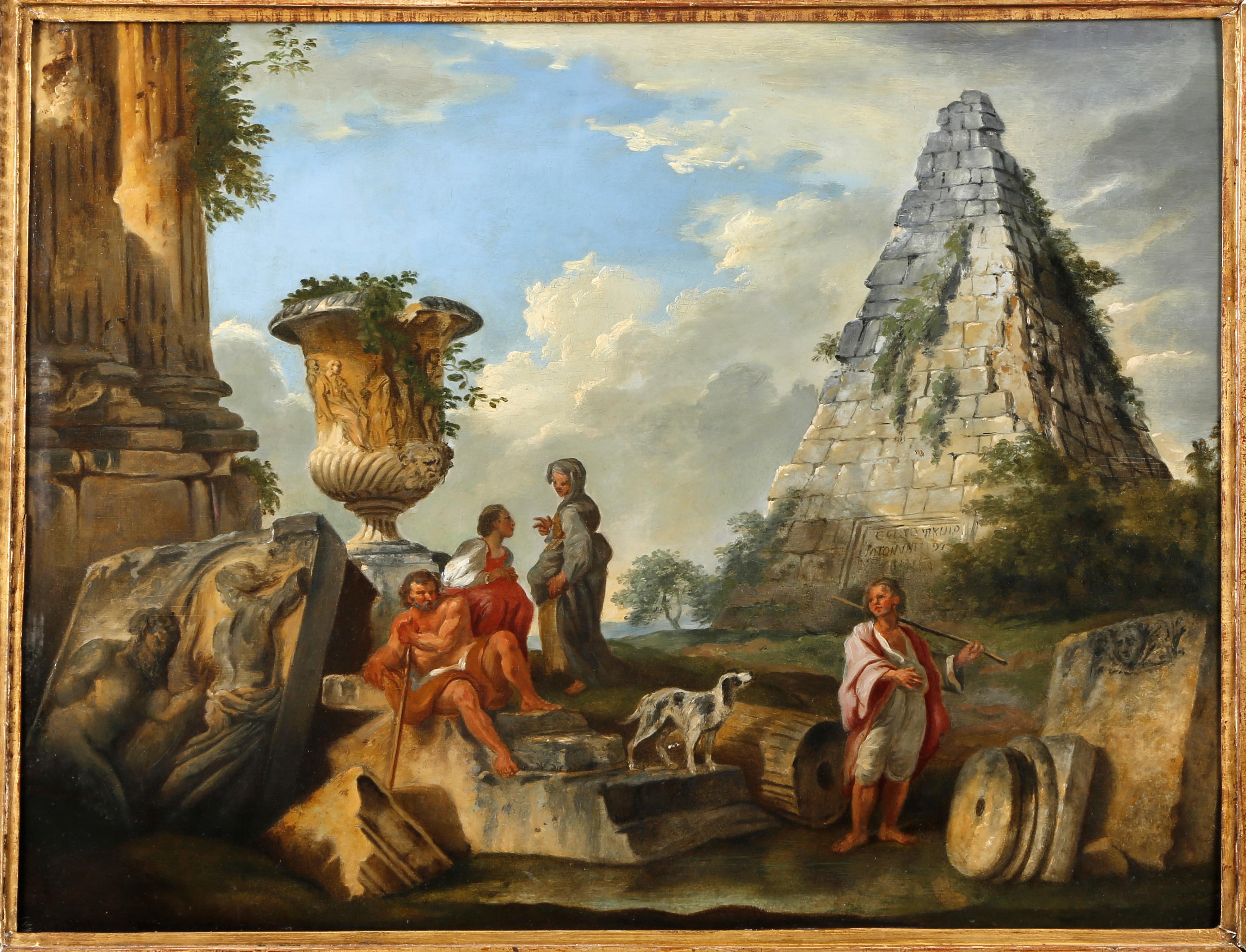 Italienisches architektonisches Gemälde Capriccio mit Caio Cestio Pyramide, nach Panini (Rokoko) im Angebot
