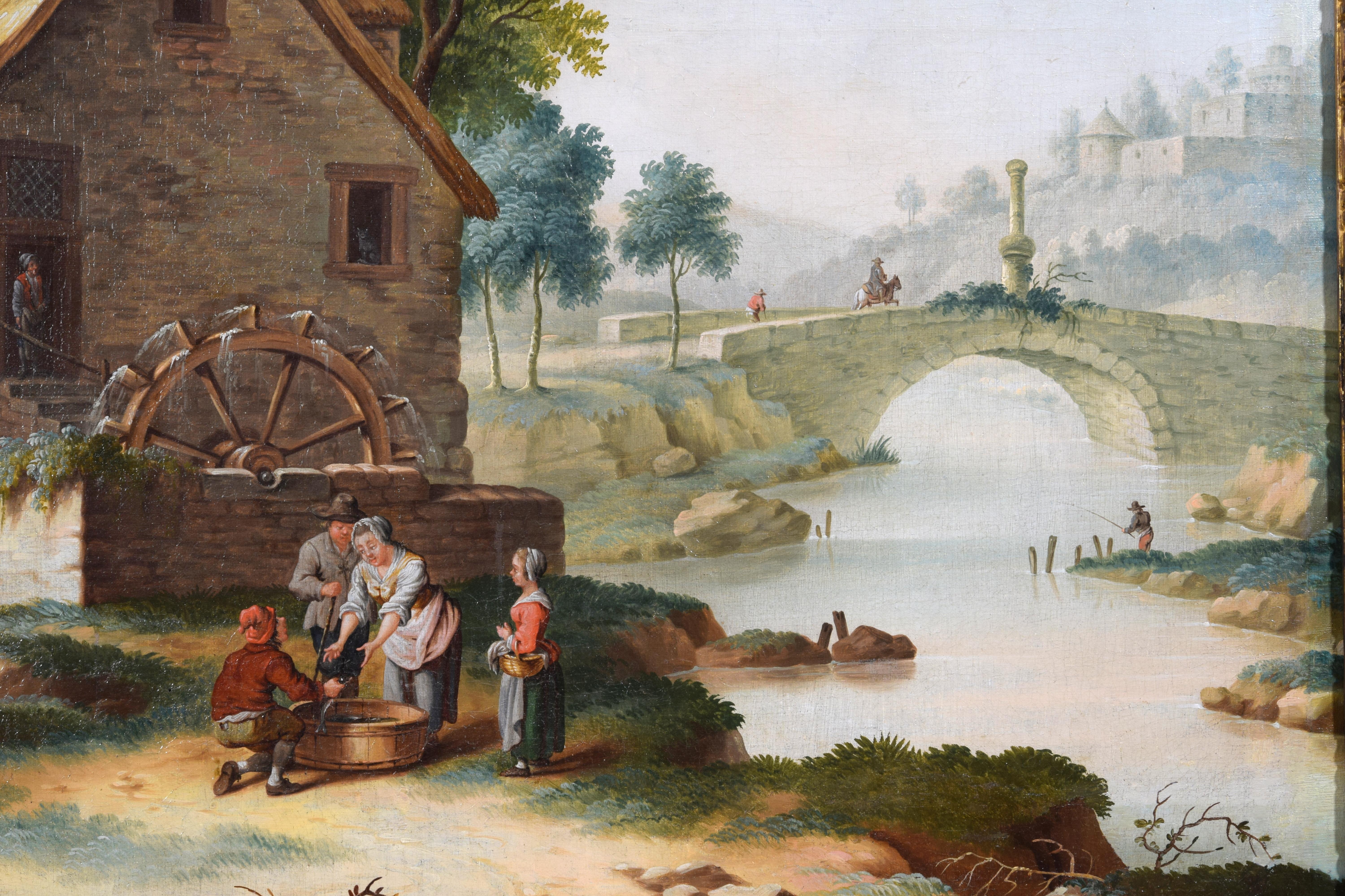 18th Century, Italian Painting Depicting Landscape with Watermill and Characters For Sale 2