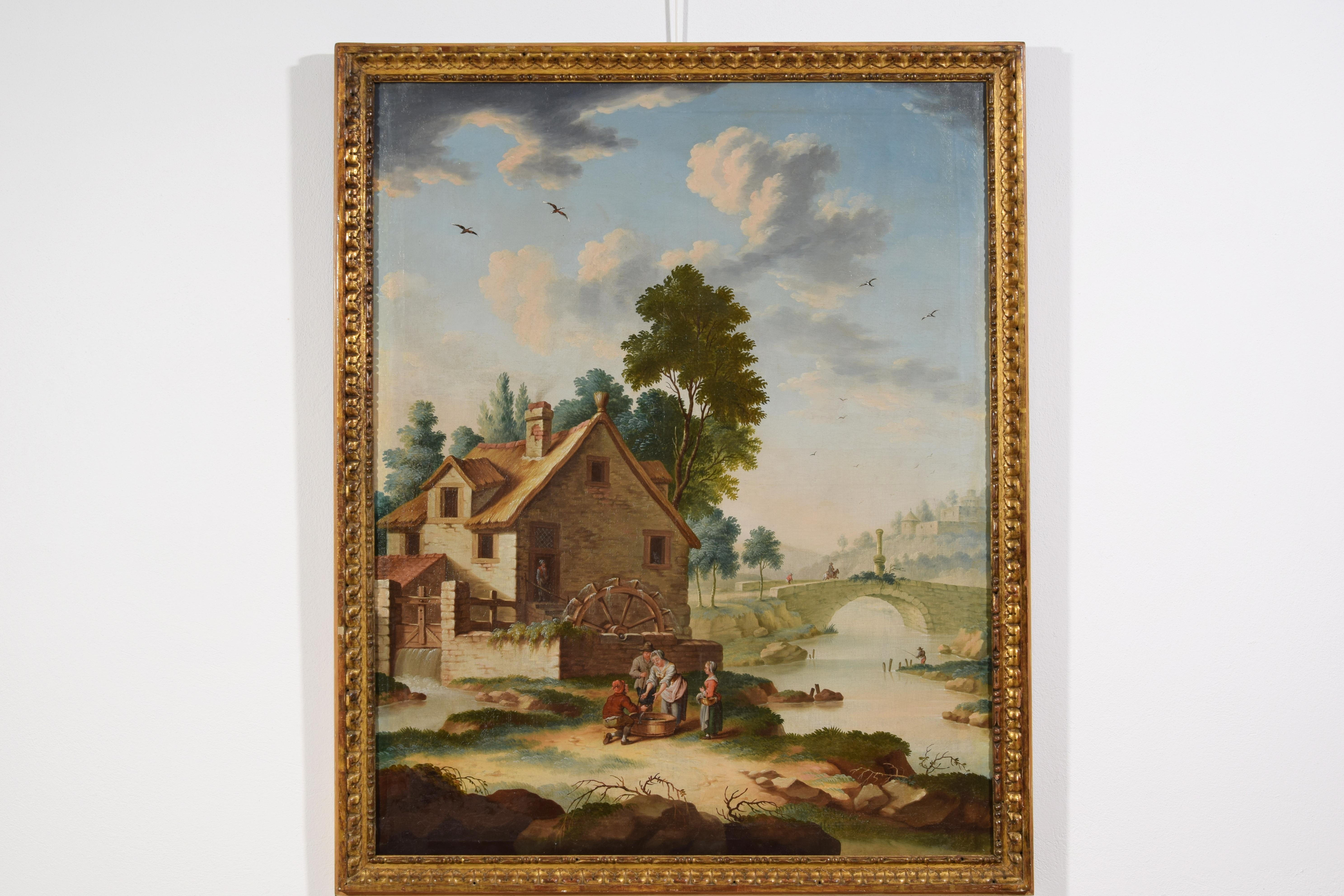 Italienisches Gemälde aus dem 18. Jahrhundert mit Landschaftsdarstellung mit Wassermühle und Schriftzeichen im Angebot 9