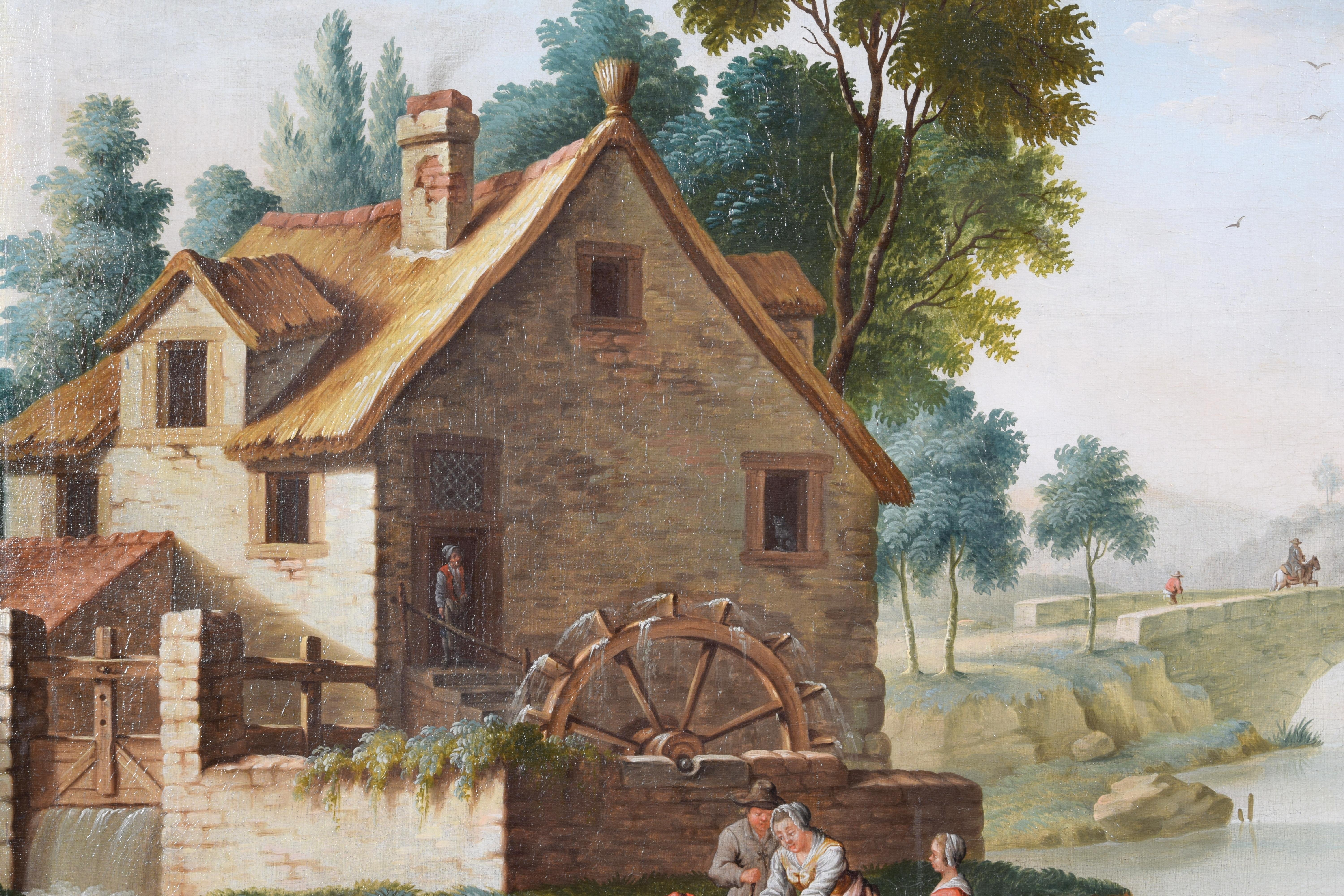 18th Century, Italian Painting Depicting Landscape with Watermill and Characters For Sale 7