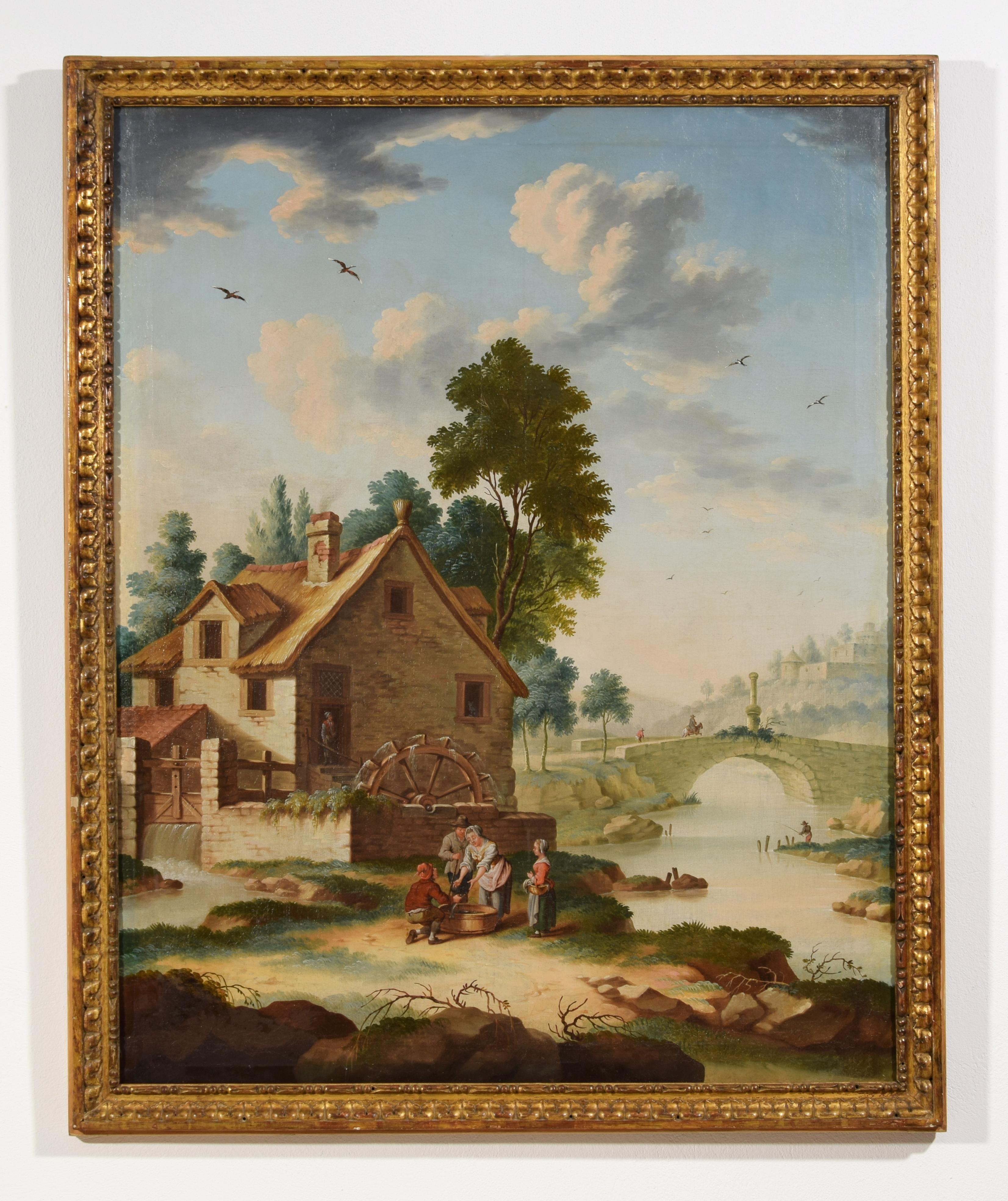 18th century, Italian painting depicting landscape with watermill and characters
Oil on canvas; Measurements: frame cm L 103.5 x H 127 x P 5; painting L 93 x H 117.5

The painting, made in oil on canvas in Piedmont, north of Italy, around the