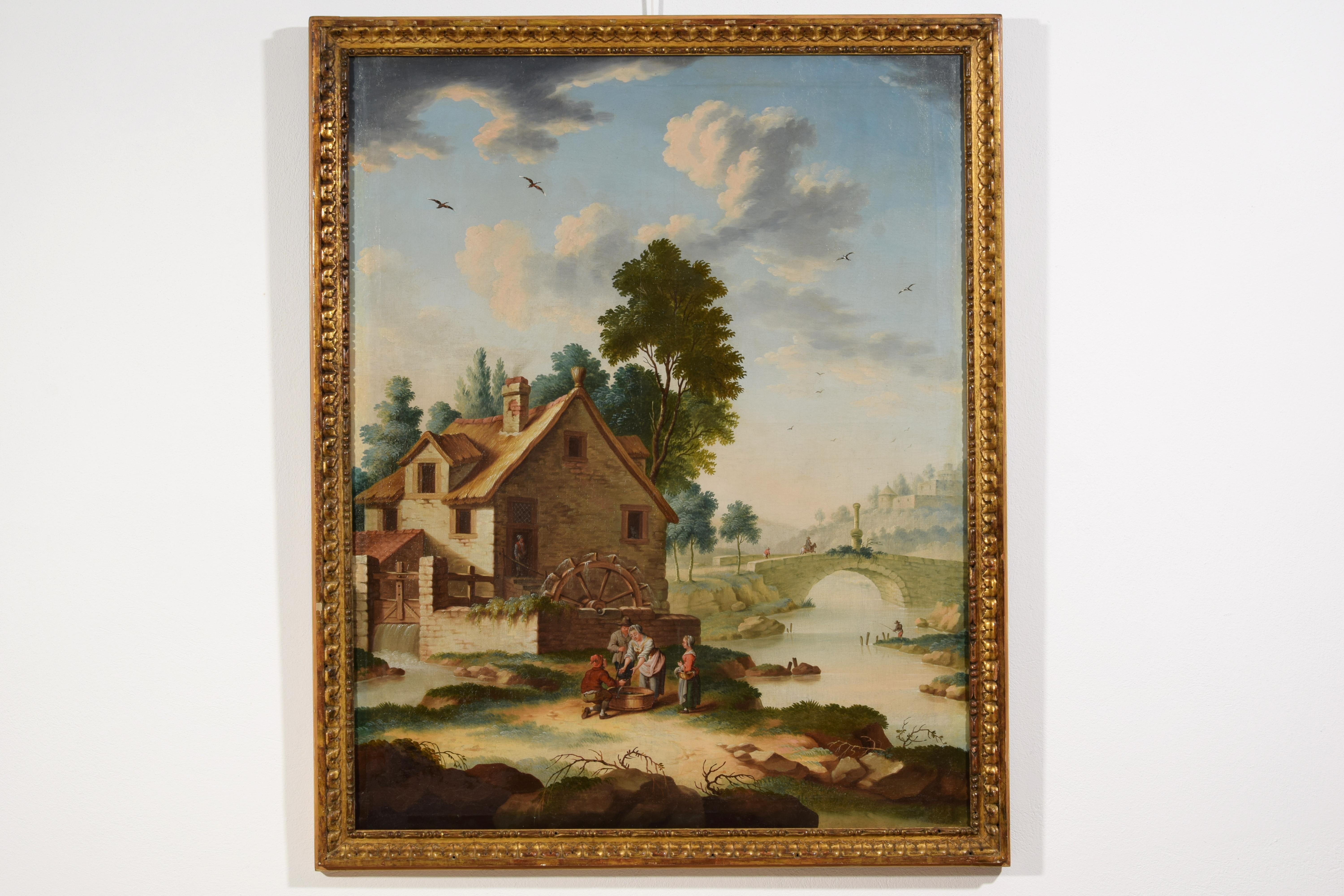 Italienisches Gemälde aus dem 18. Jahrhundert mit Landschaftsdarstellung mit Wassermühle und Schriftzeichen (Rokoko) im Angebot