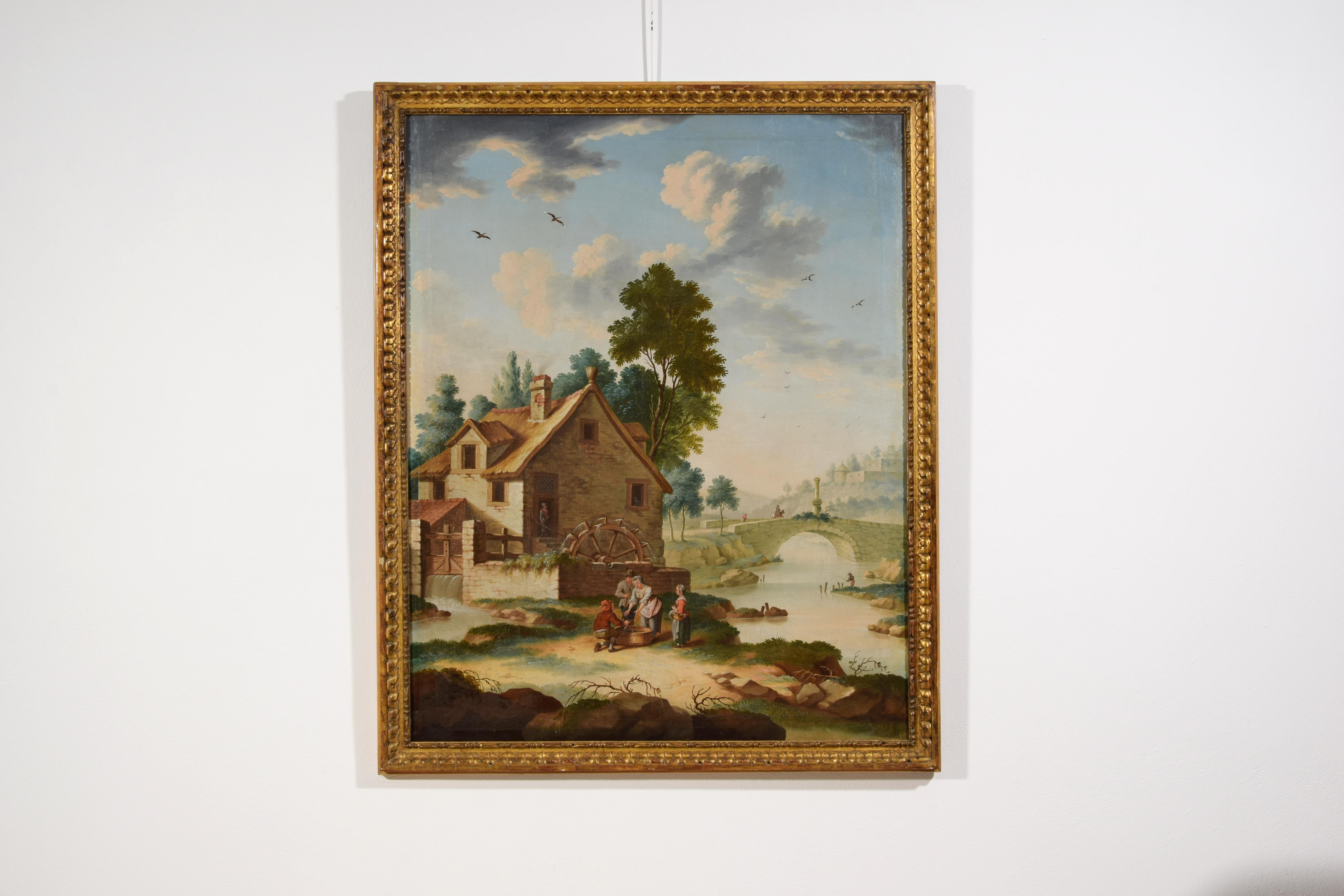 Italienisches Gemälde aus dem 18. Jahrhundert mit Landschaftsdarstellung mit Wassermühle und Schriftzeichen (Handbemalt) im Angebot