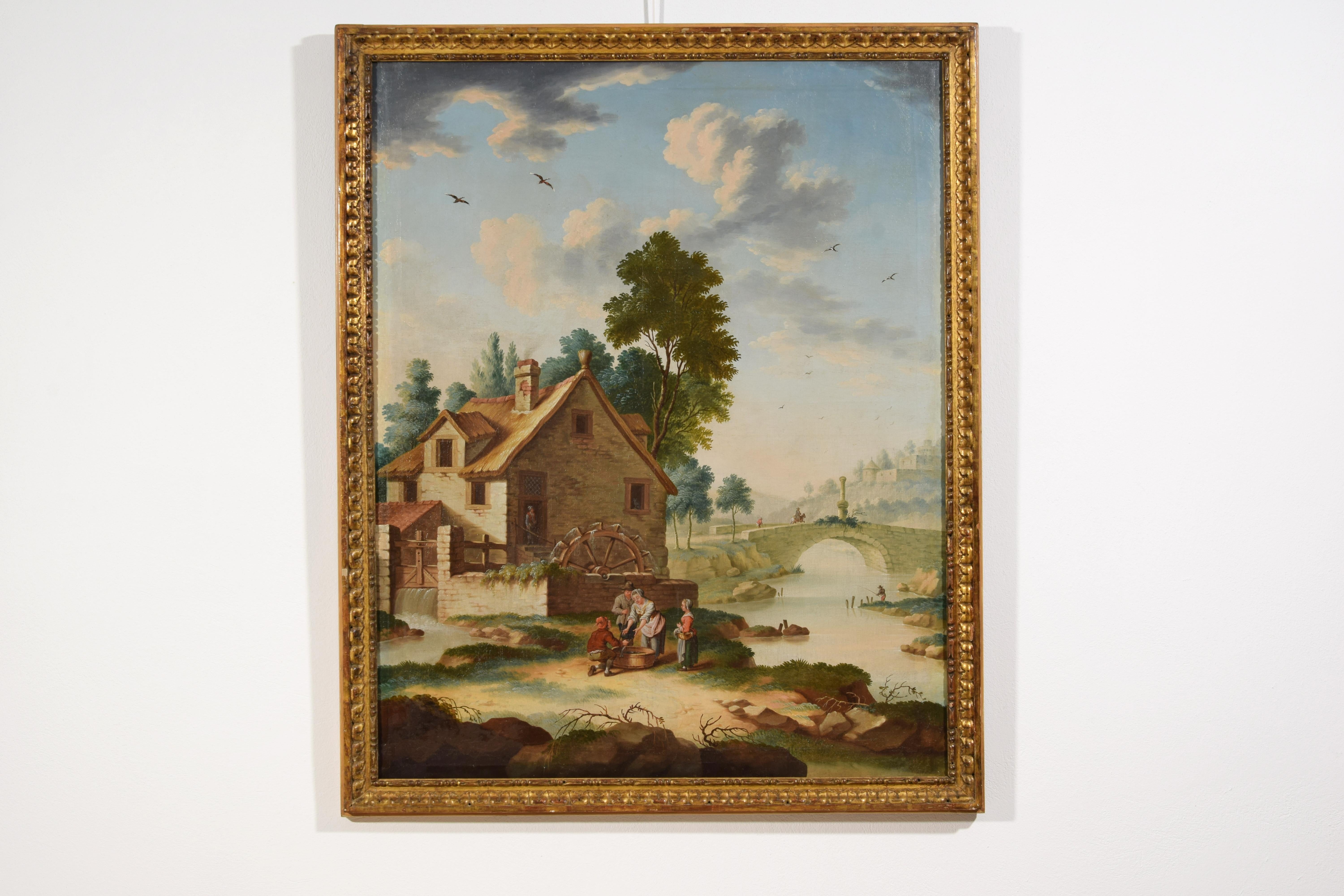 Italienisches Gemälde aus dem 18. Jahrhundert mit Landschaftsdarstellung mit Wassermühle und Schriftzeichen (Leinwand) im Angebot