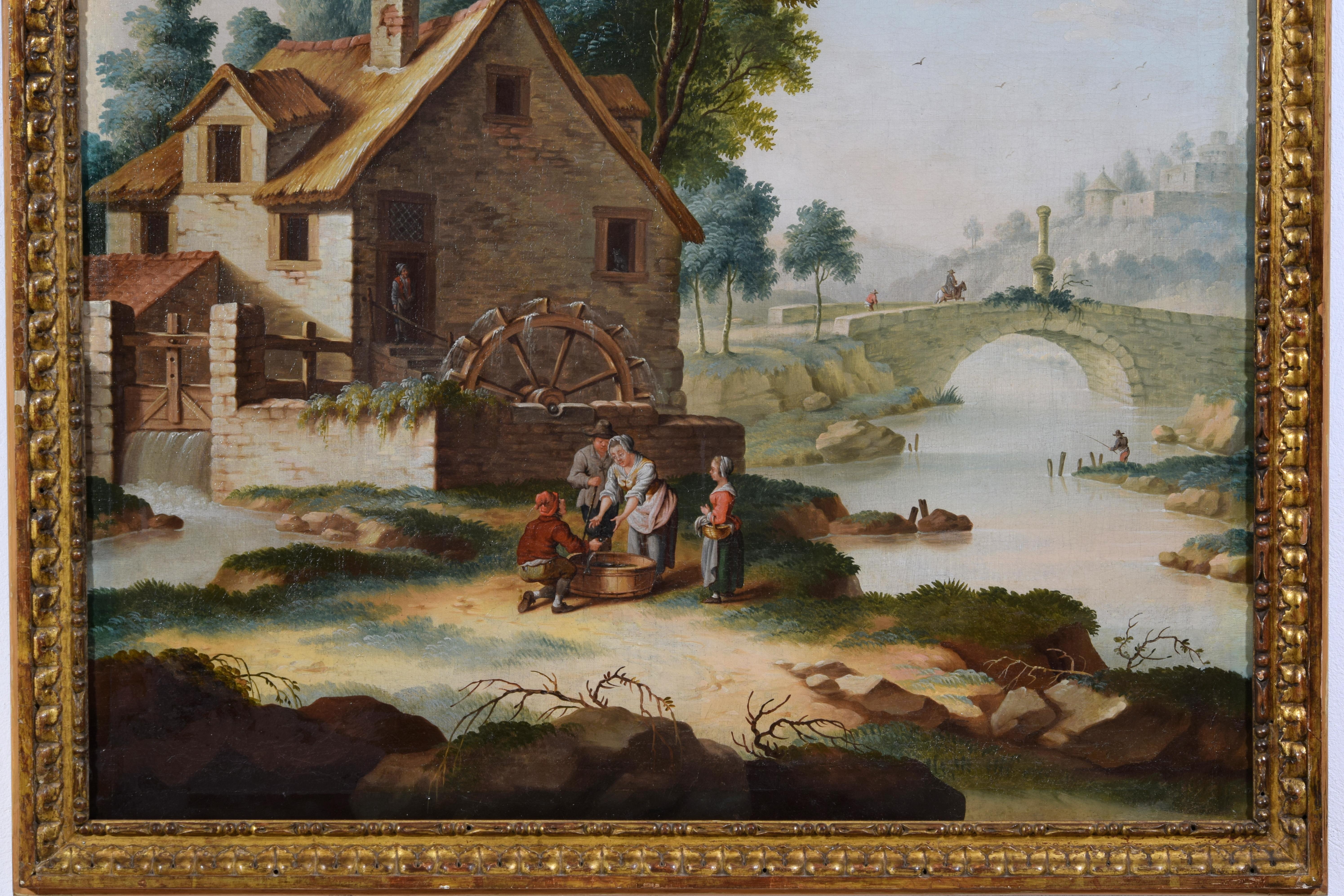 Italienisches Gemälde aus dem 18. Jahrhundert mit Landschaftsdarstellung mit Wassermühle und Schriftzeichen im Angebot 1