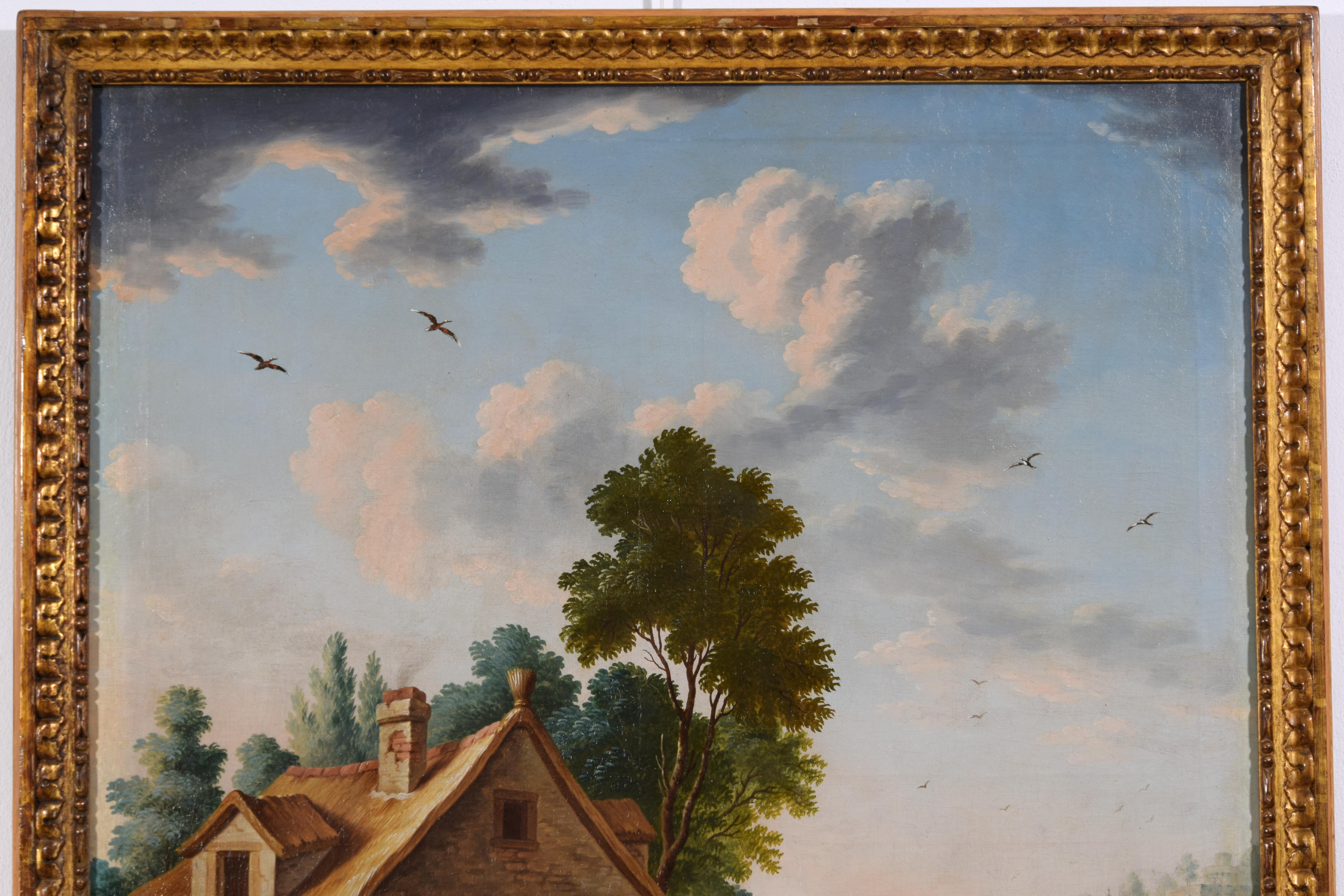 Hand-Painted 18th Century, Italian Painting Depicting Landscape with Watermill and Characters For Sale